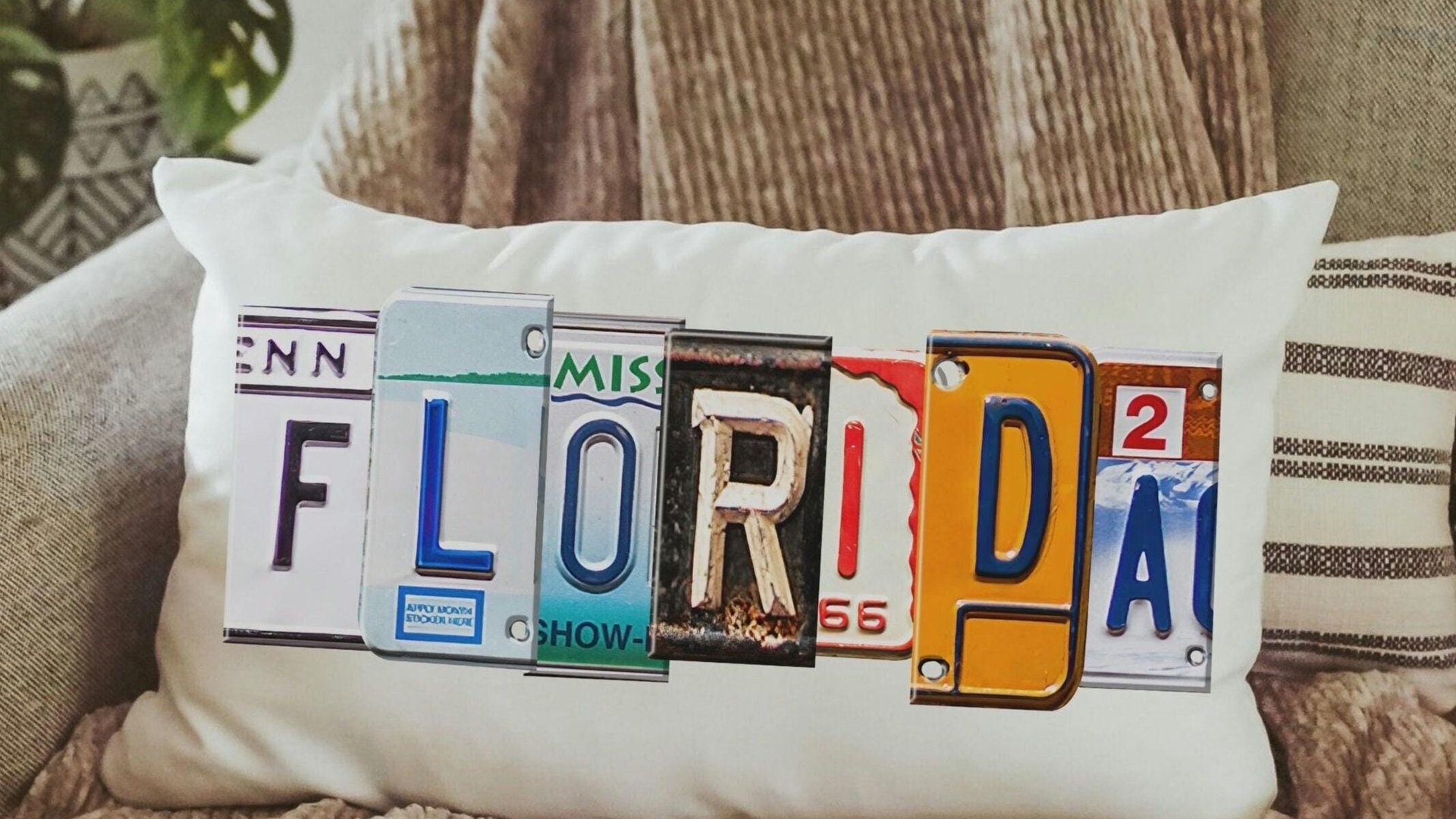 custom license plate state throw pillows for couch, realtor closing gift for buyers, Florida gifts, bungalow decor, moving away gift for