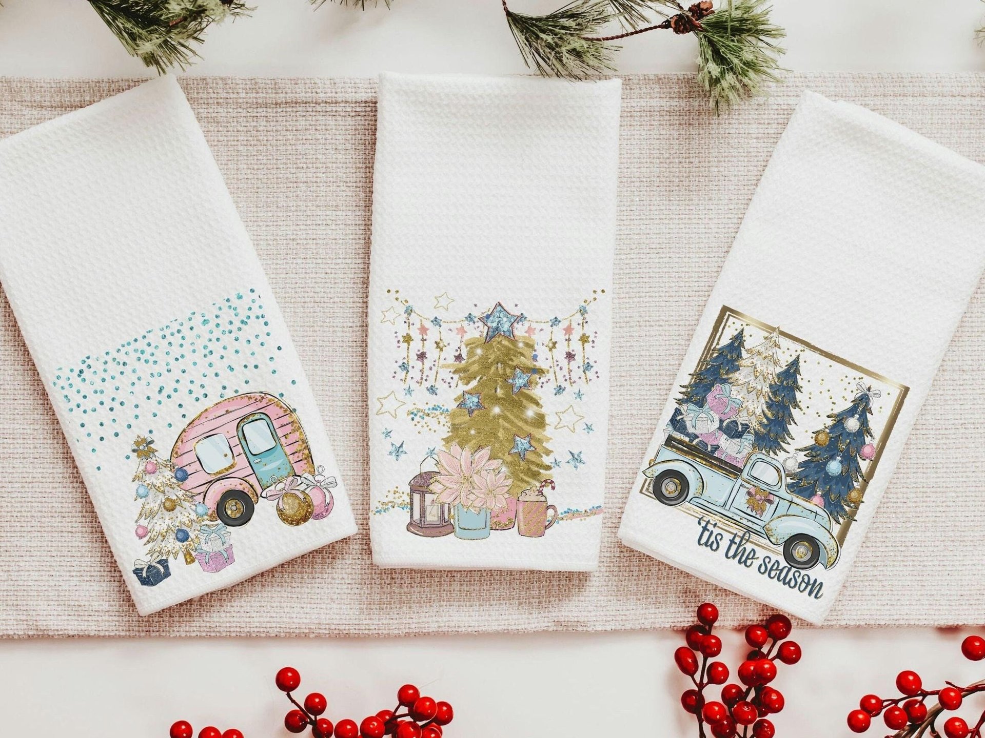 tis the season Christmas kitchen towels set of 3, RV Christmas decor, pink Christmas decorations, Christmas bathroom towels, Christmas gifts