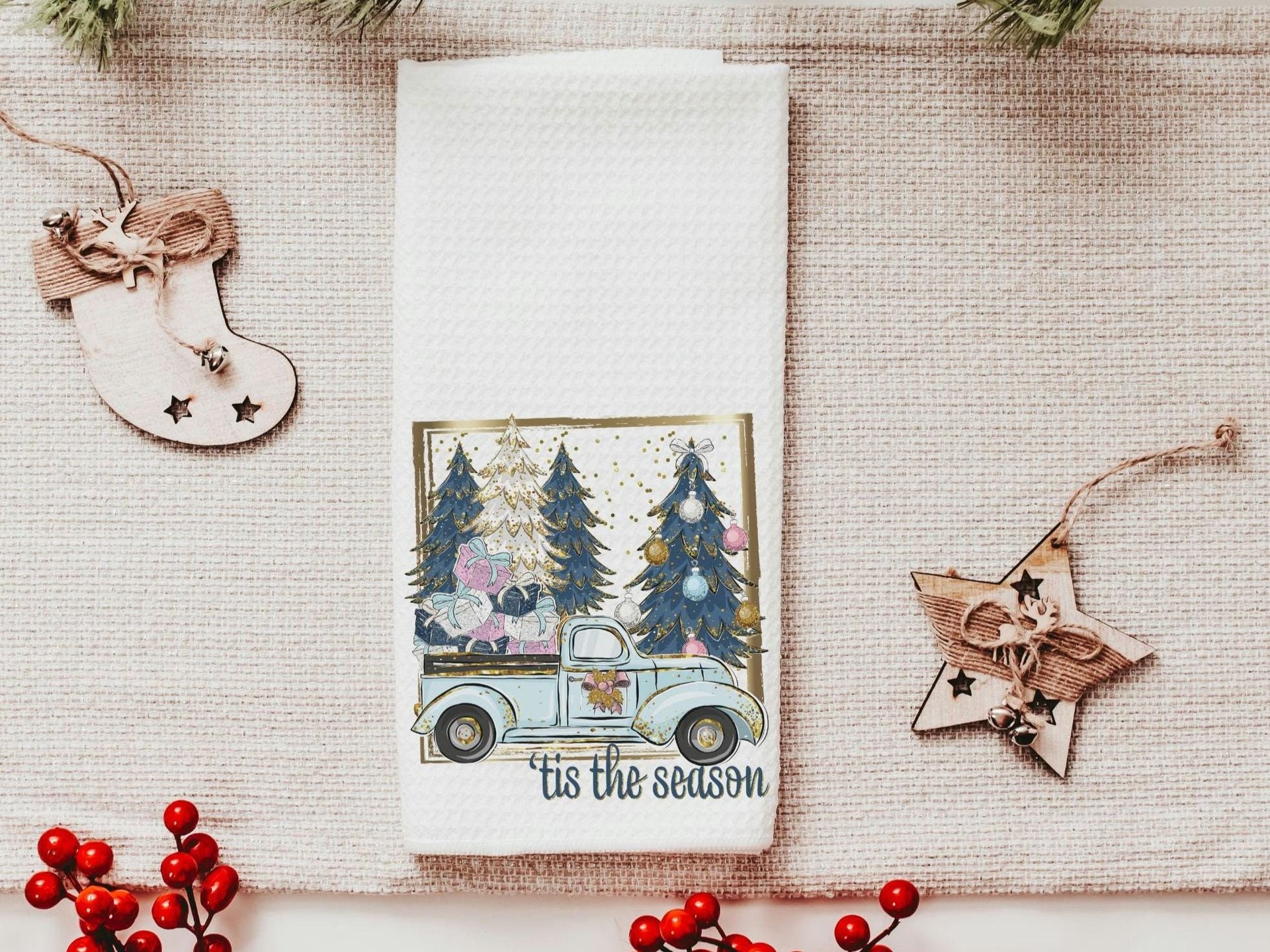 tis the season Christmas kitchen towels set of 3, RV Christmas decor, pink Christmas decorations, Christmas bathroom towels, Christmas gifts