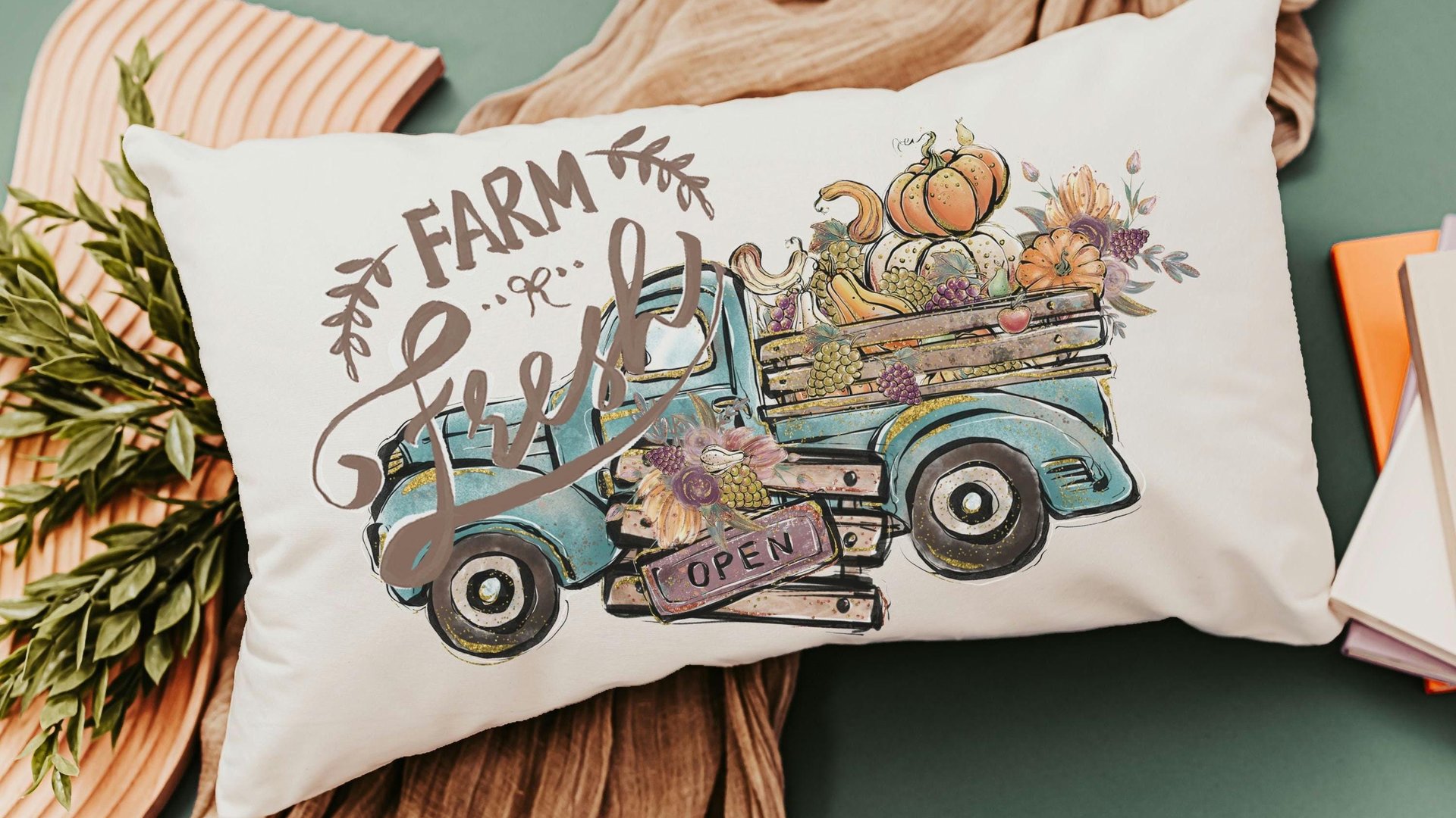 farm fresh pumpkin truck lumbar throw pillow for chair, fall style gift, turquoise fall decor for home pillow, fall host gift, watercolor