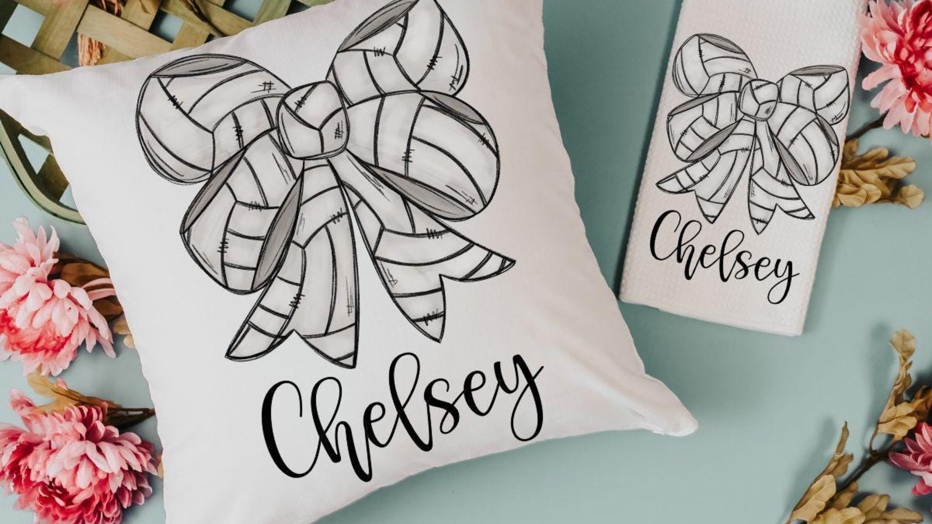 personalized volleyball coquette bow throw pillow with name, cute volleyball gifts for teenage girls, volleyball senior gifts for girls