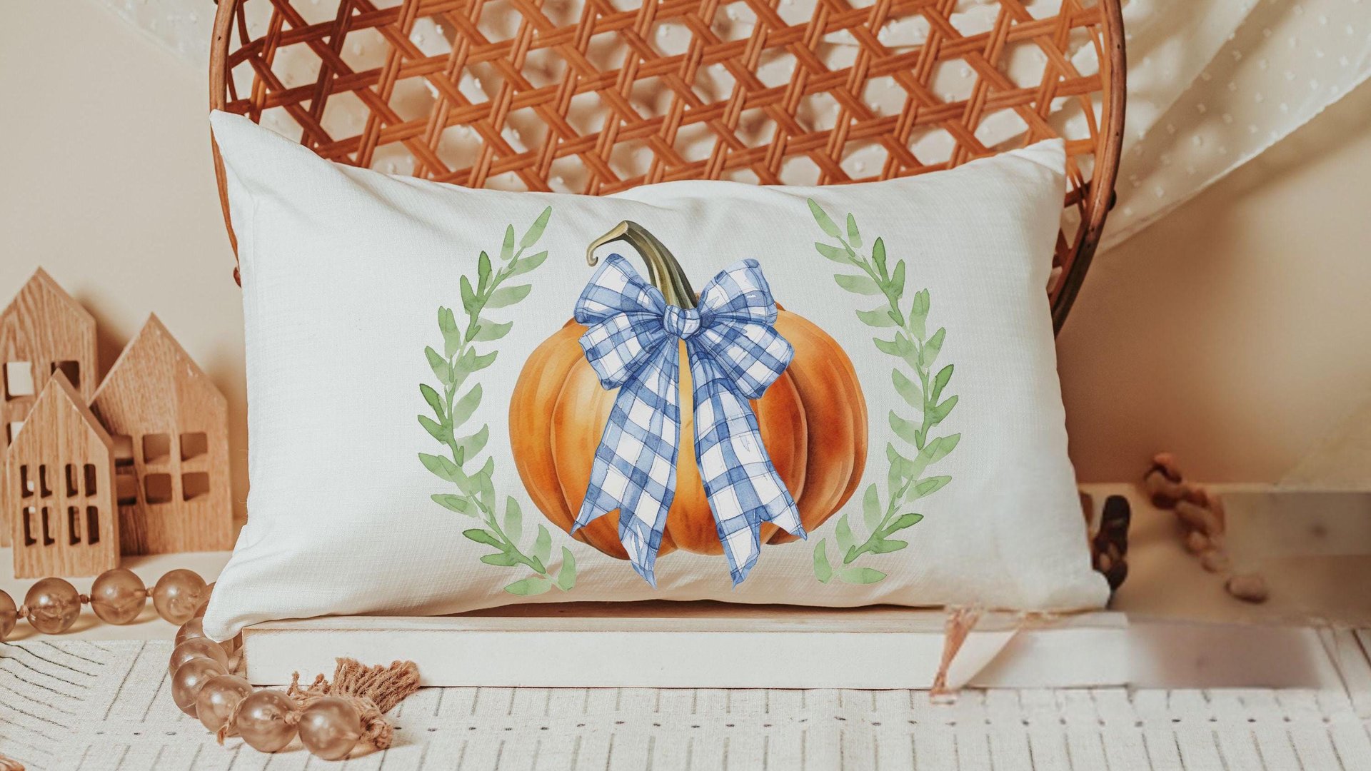 rustic pumpkin lumbar pillow for bed, Thanksgiving hostess gifts for women, farmhouse pumpkin decor for home, October birthday gifts for her