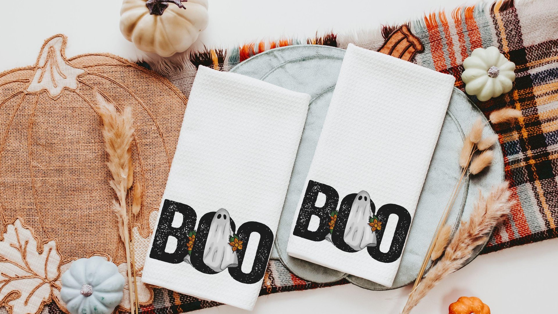 whimsical Halloween kitchen towel fall hand towels for bathroom, boo Halloween decorations for home, floral ghost kitchen decor, spooky cute