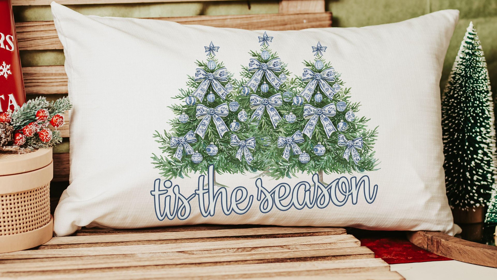 tis the season Christmas lumbar pillows for chair, blue chinoiserie Christmas pillow covers 12x20, trendy Christmas hostess gifts for women