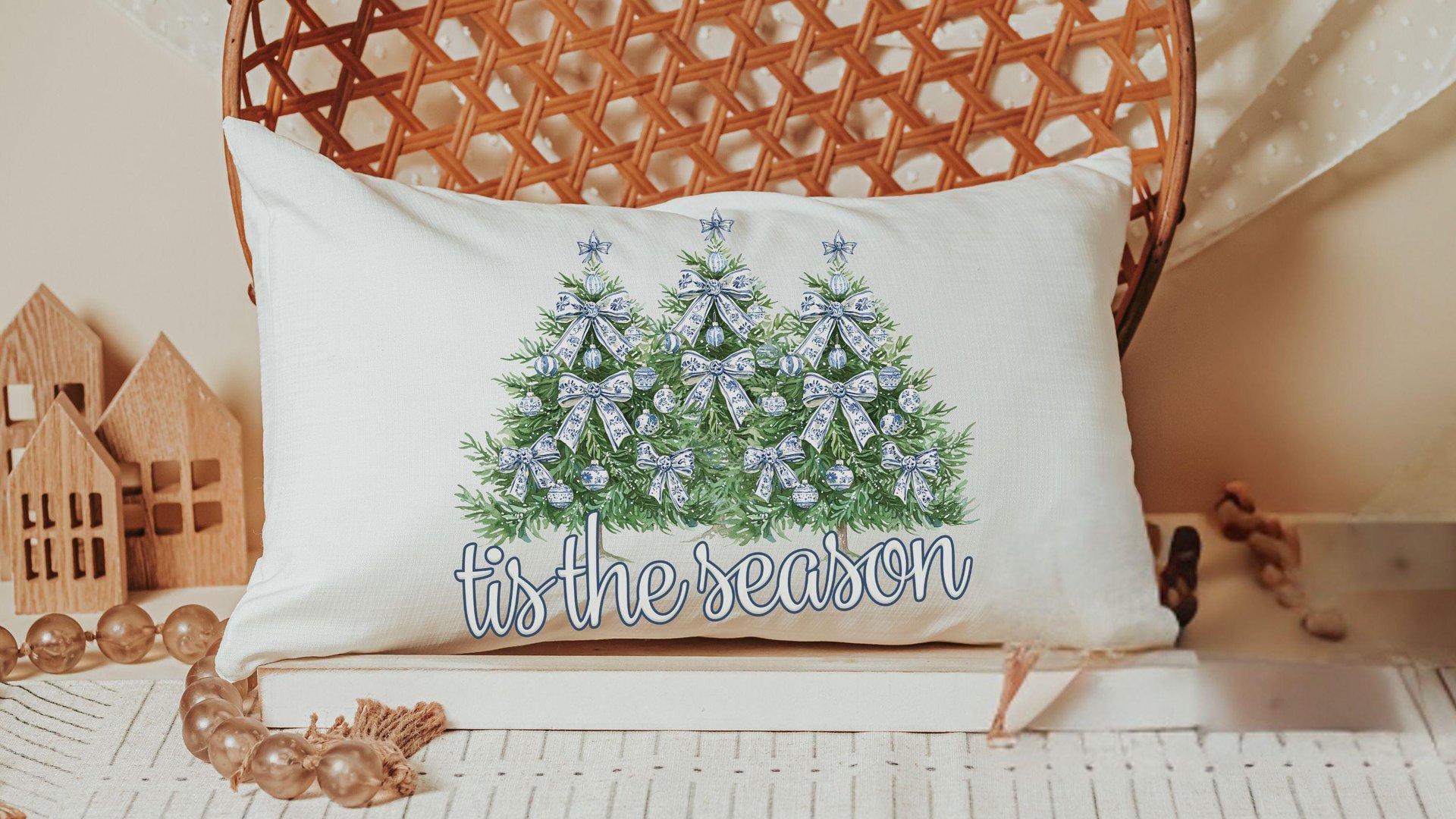 tis the season Christmas lumbar pillows for chair, blue chinoiserie Christmas pillow covers 12x20, trendy Christmas hostess gifts for women