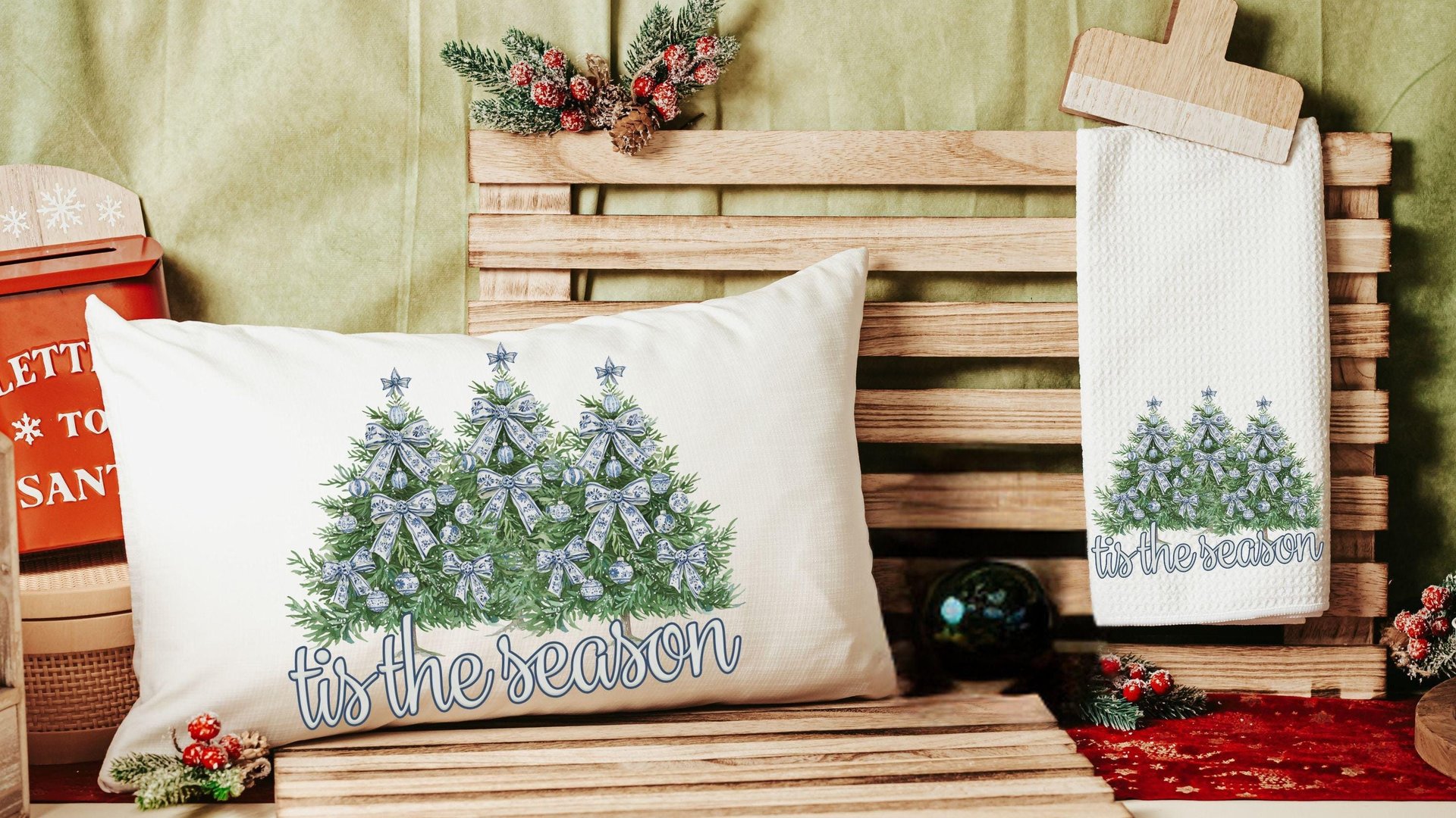 tis the season Christmas lumbar pillows for chair, blue chinoiserie Christmas pillow covers 12x20, trendy Christmas hostess gifts for women