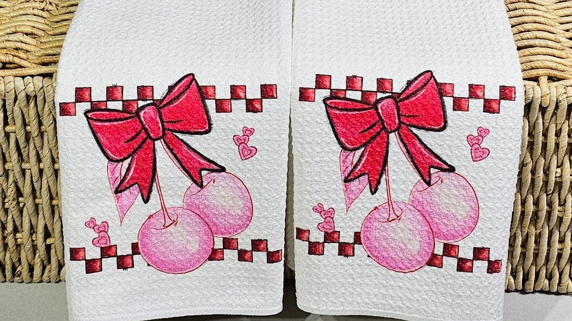 cherry bow Valentines kitchen towel for friends, rockabilly decor, cute Valentines gifts for girlfriend, 1950s inspired retro kitchen decor