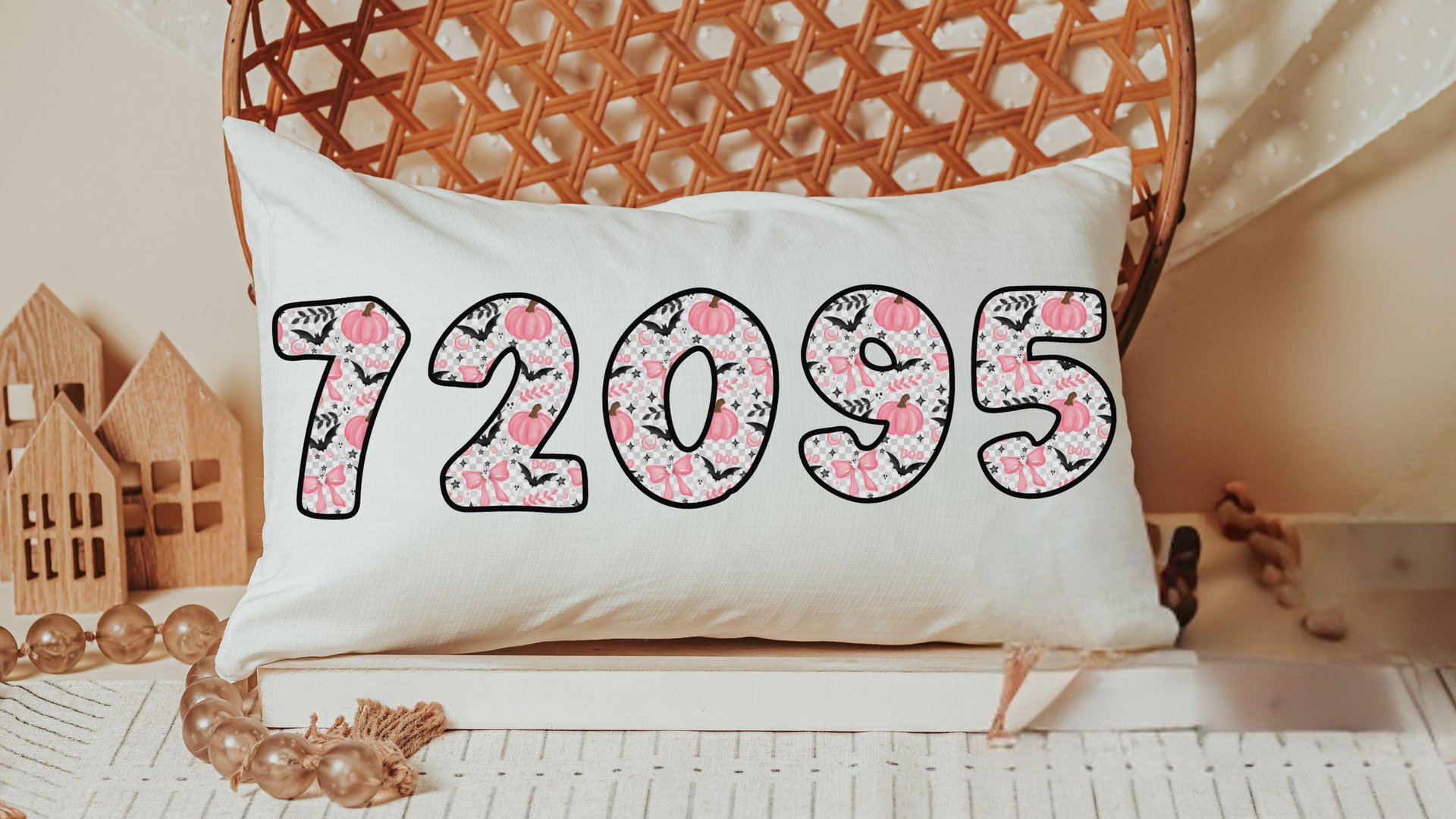 custom zip code pillow 12x20, personalized pastel Halloween lumbar pillow cover, cute Halloween gifts for adults, pink pumpkin lumbar throw