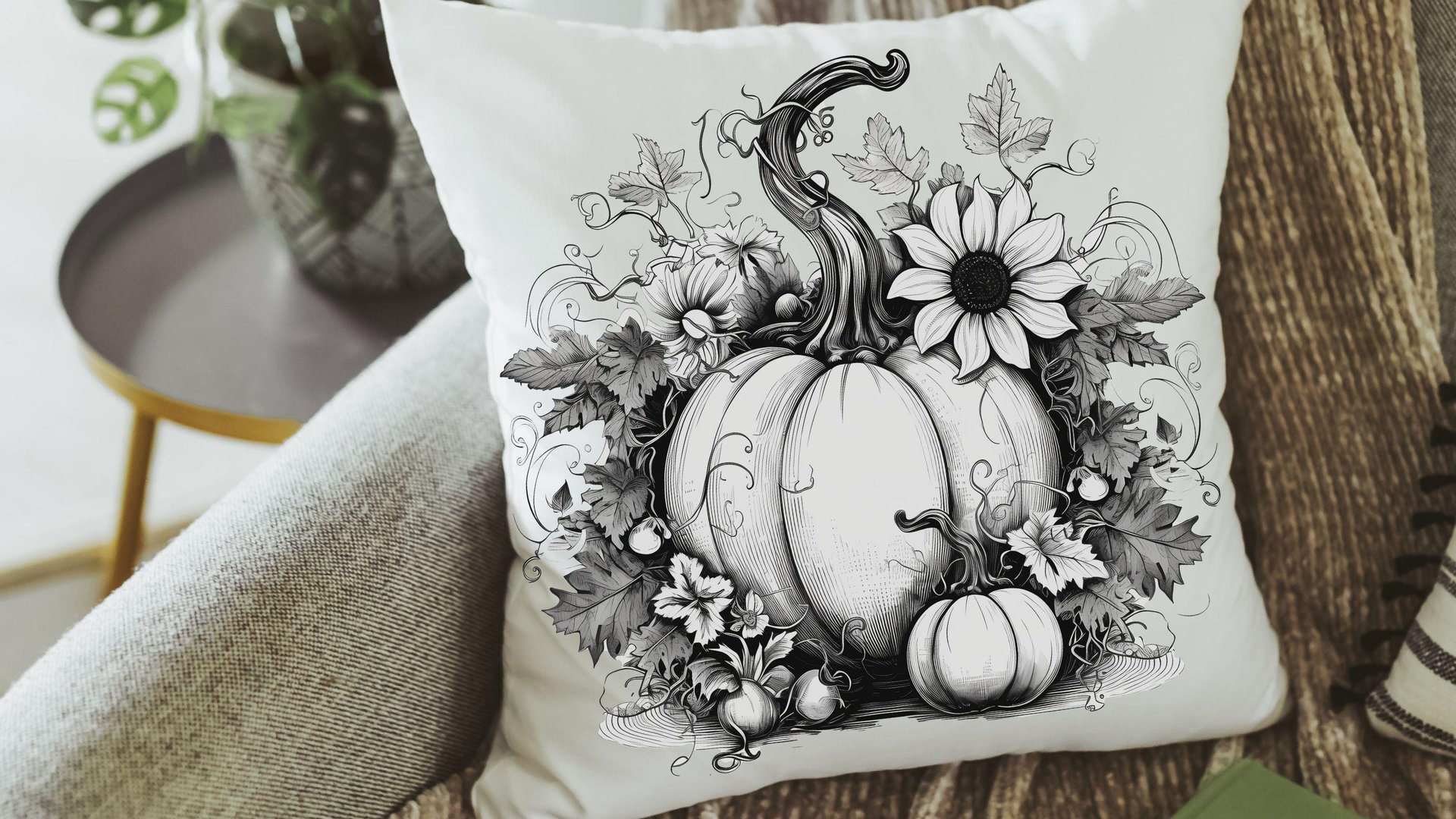 black and white pumpkin throw pillows for couch modern farmhouse decor, Thanksgiving hostess gifts for women, October birthday gifts for her