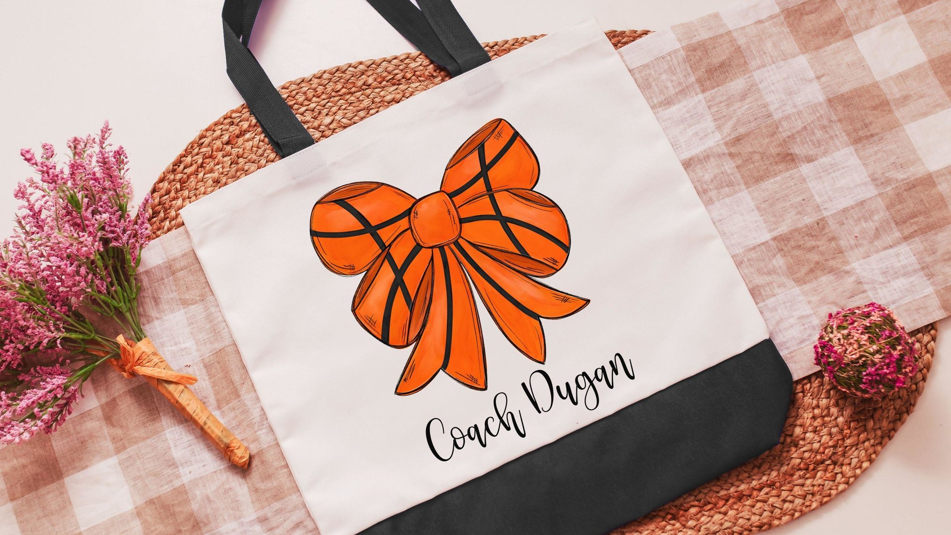 personalized girly basketball tote bag for books, cute basketball senior gifts for girls, unique gifts for teenage girls, game day tote