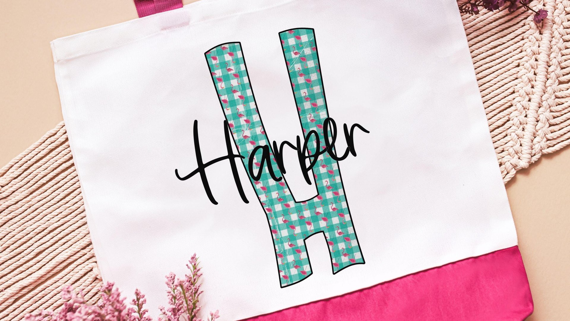 personalized initial tote bag with name, custom beach bag for teens, cute flamingo gifts for her, destination wedding bridesmaid gifts, best