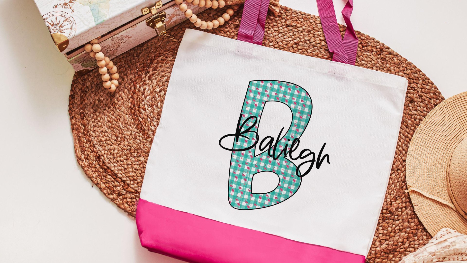 personalized initial tote bag with name, custom beach bag for teens, cute flamingo gifts for her, destination wedding bridesmaid gifts, best