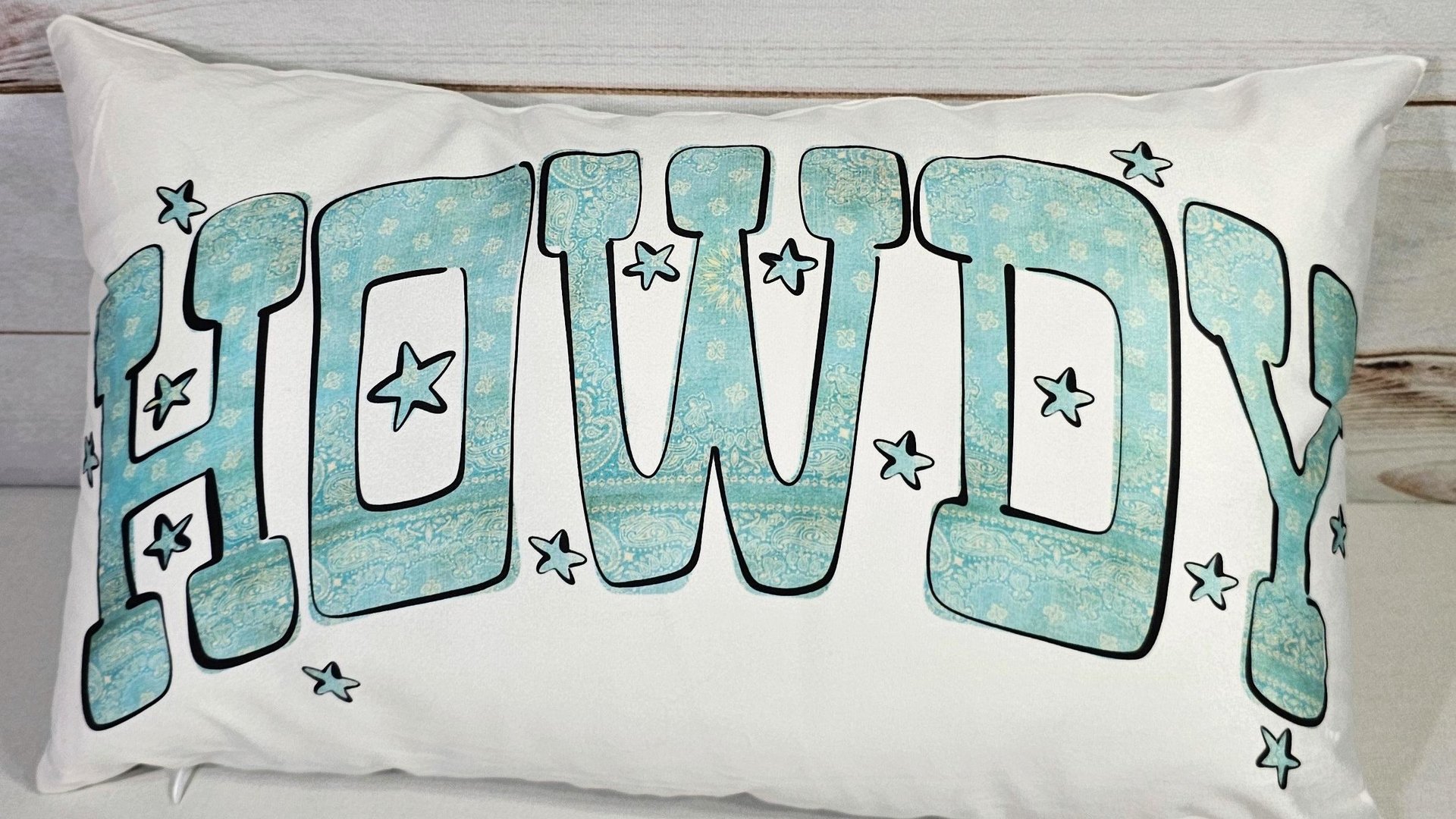 howdy throw pillow for couch, country western nursery decor, turquoise bandana print lumbar pillow, cowgirl baby shower gifts, rocking chair