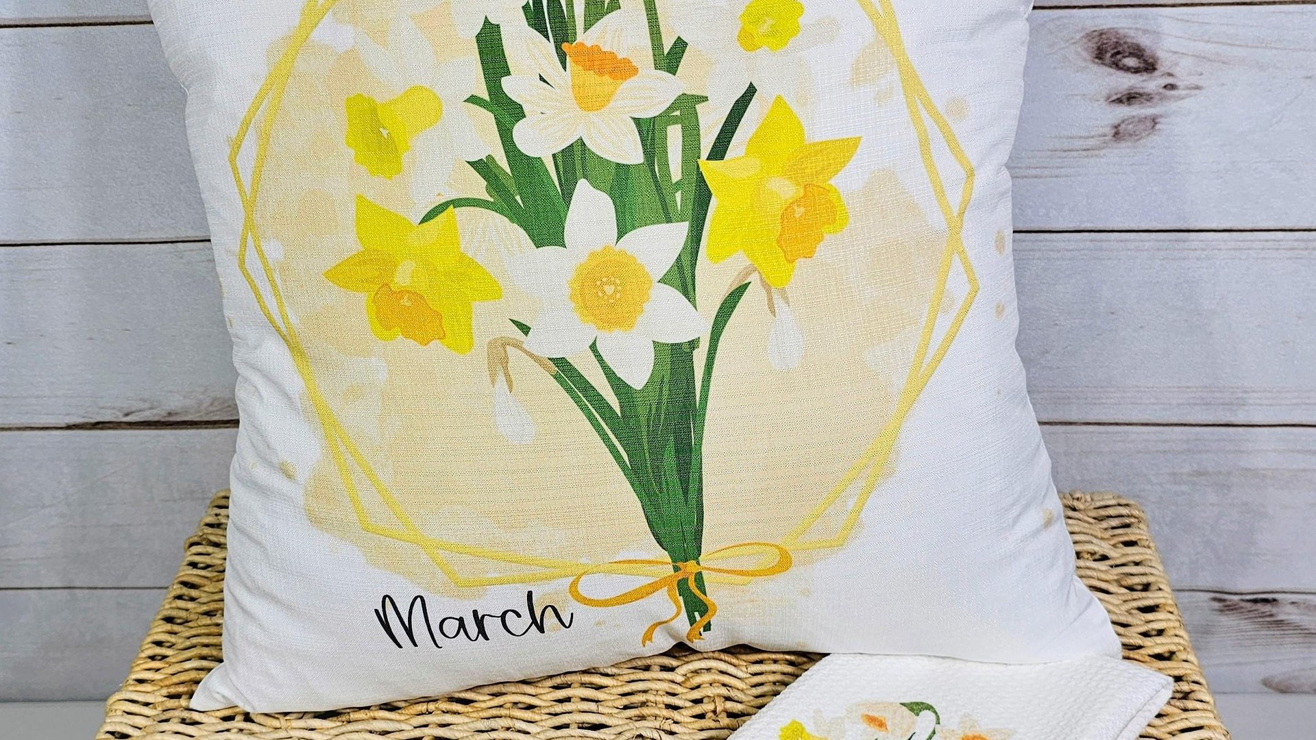 custom birth flower throw pillow for sofa, daffodil kitchen towel, March birthday gifts for women, plant mom gift, cottagecore room decor