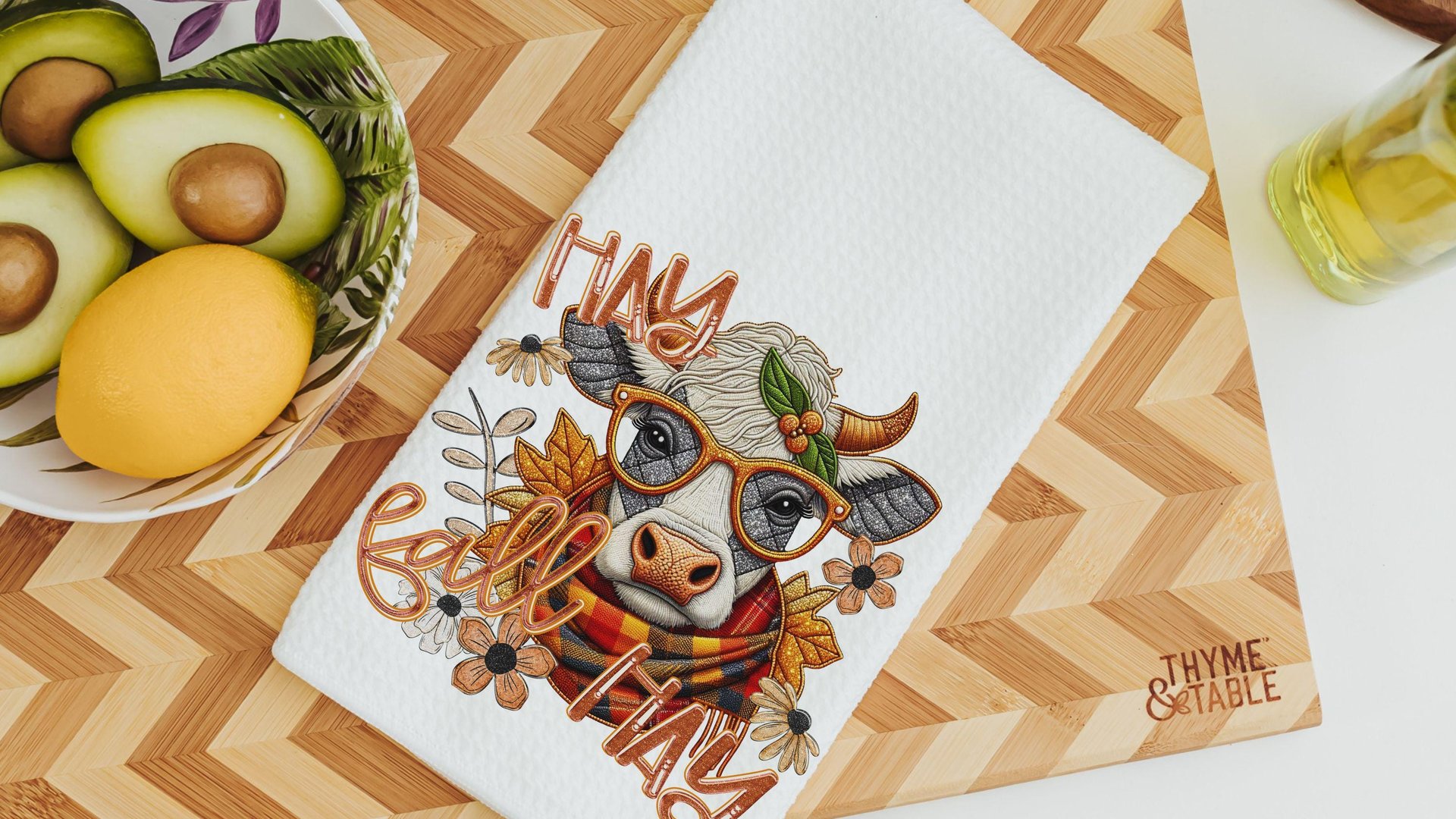 hay fall highland cow throw pillows for couch, cute cow gifts for cow lovers, funny Christmas gifts for coworkers, fall kitchen towels