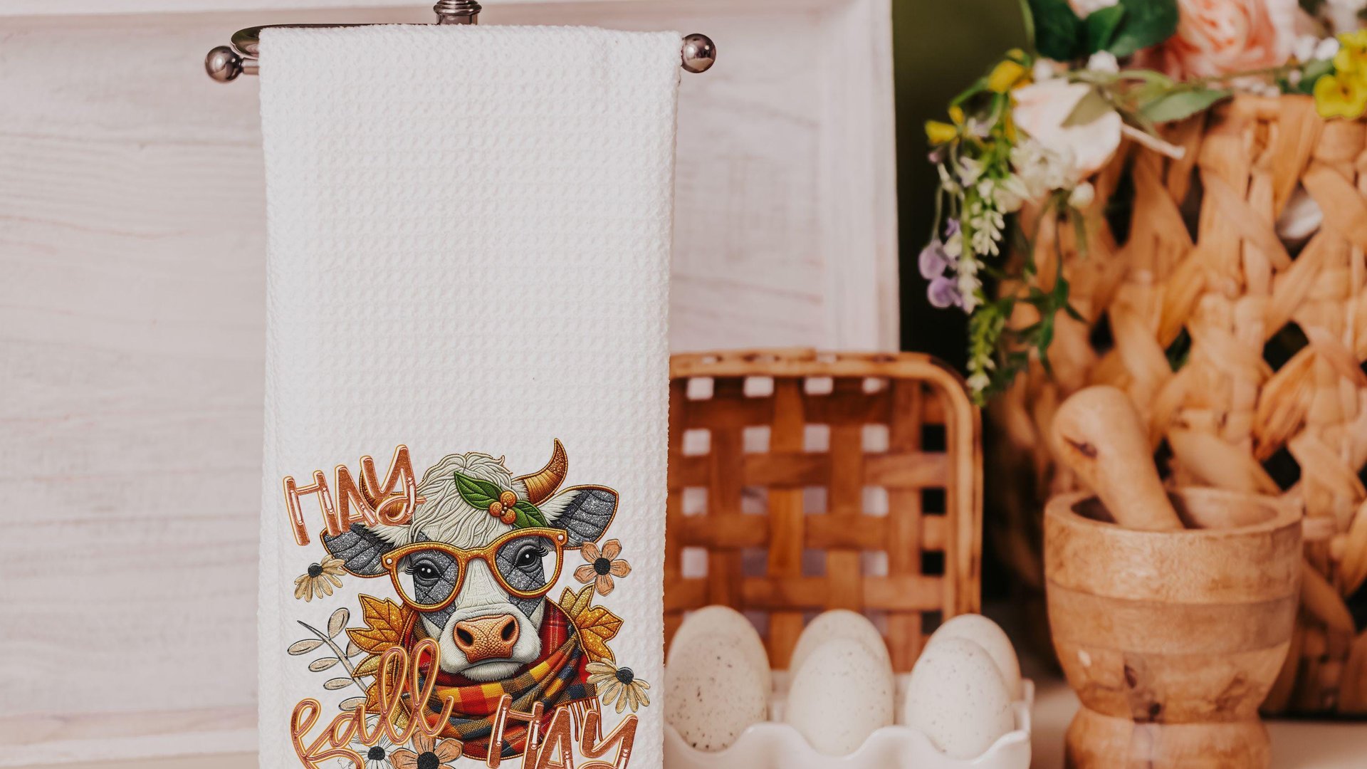 hay fall highland cow throw pillows for couch, cute cow gifts for cow lovers, funny Christmas gifts for coworkers, fall kitchen towels