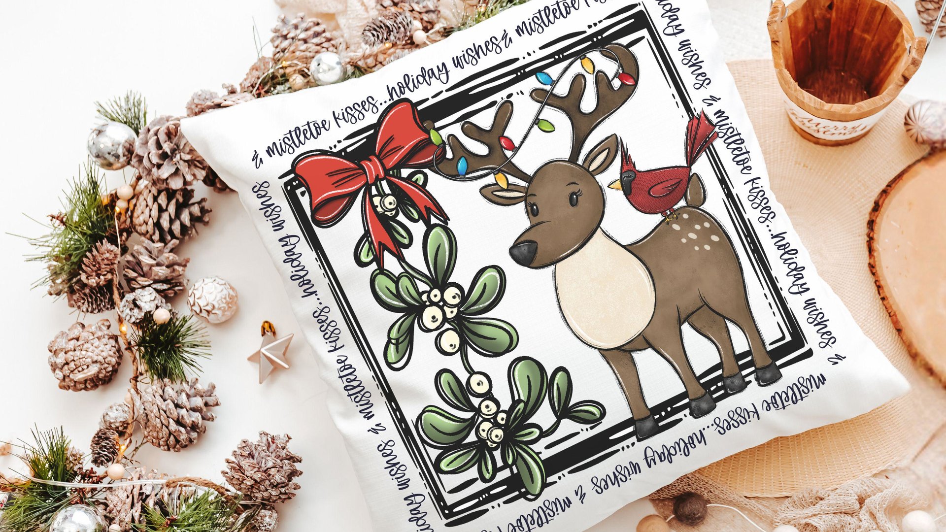 holiday wishes cute reindeer throw pillow for couch, mistletoe kisses Christmas kitchen towels, woodland Christmas hostess gifts for women