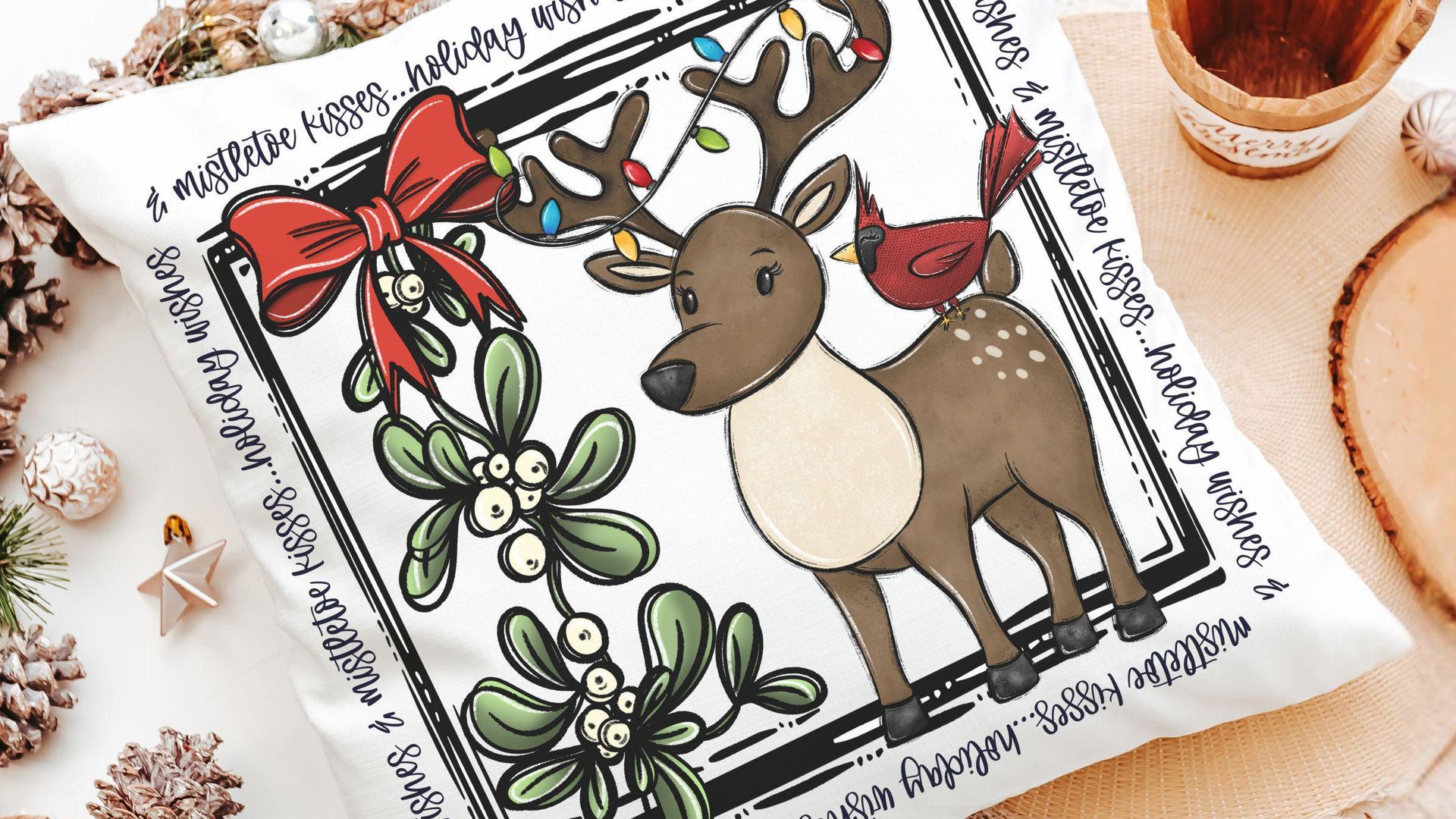 holiday wishes cute reindeer throw pillow for couch, mistletoe kisses Christmas kitchen towels, woodland Christmas hostess gifts for women