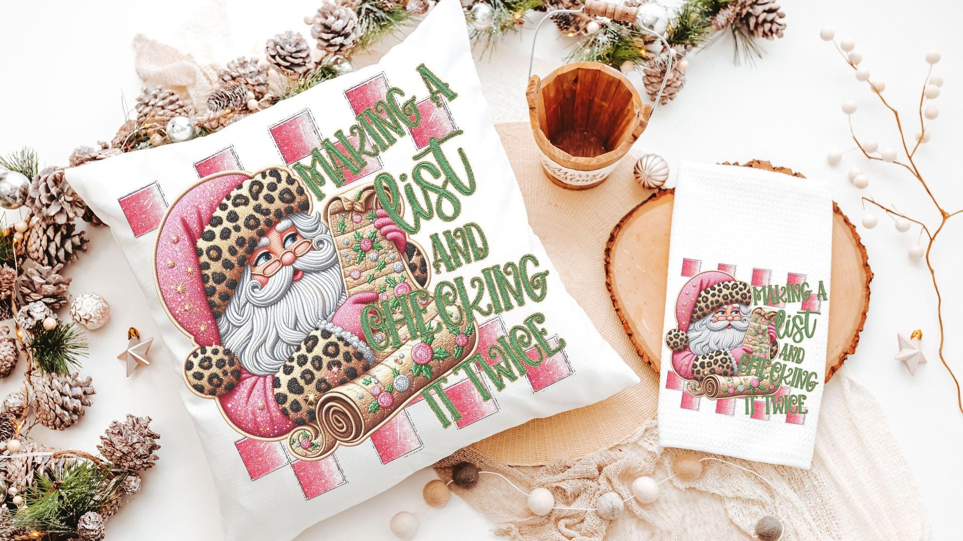 making a list and checking it twice pink Christmas throw pillows for couch, leopard print Santa Claus kitchen towels, sage green Christmas