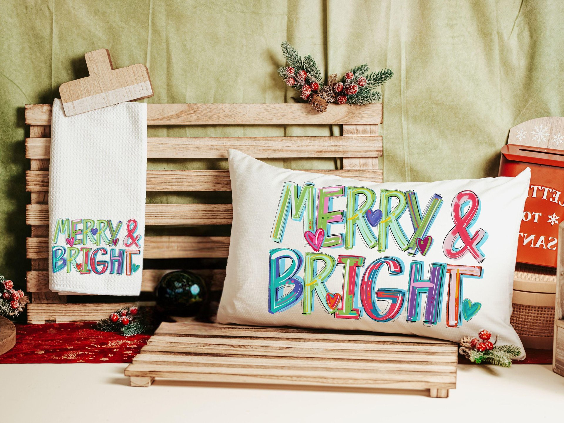 Merry and bright colorful Christmas pillow 
