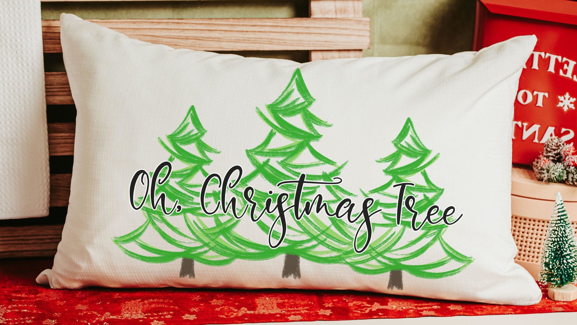 oh Christmas tree lumbar throw pillows for couch, whimsical Christmas lumbar pillows for chair, cute Christmas housewarming gift for couple