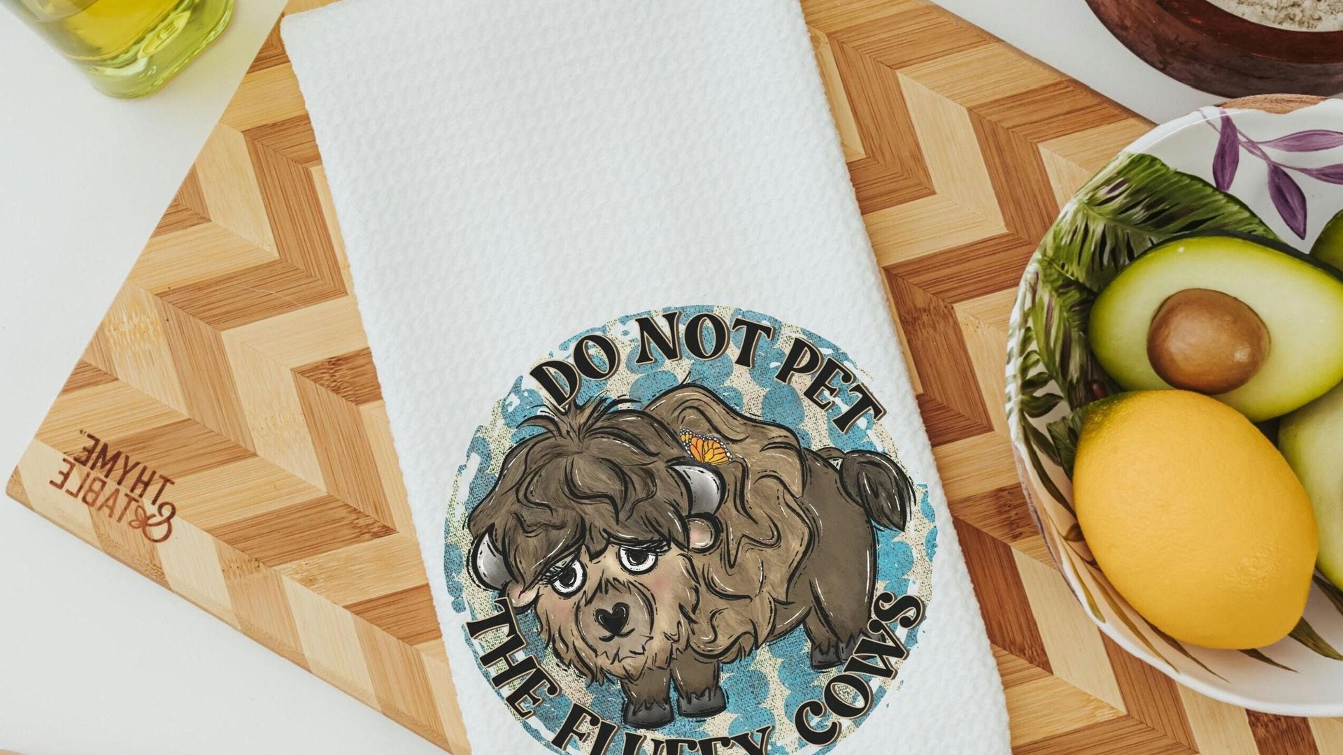 dont pet fluffy cow funny kitchen towel for stove, buffalo decor, bison gifts, western kitchen decor, best gifts for new homeowners, guest
