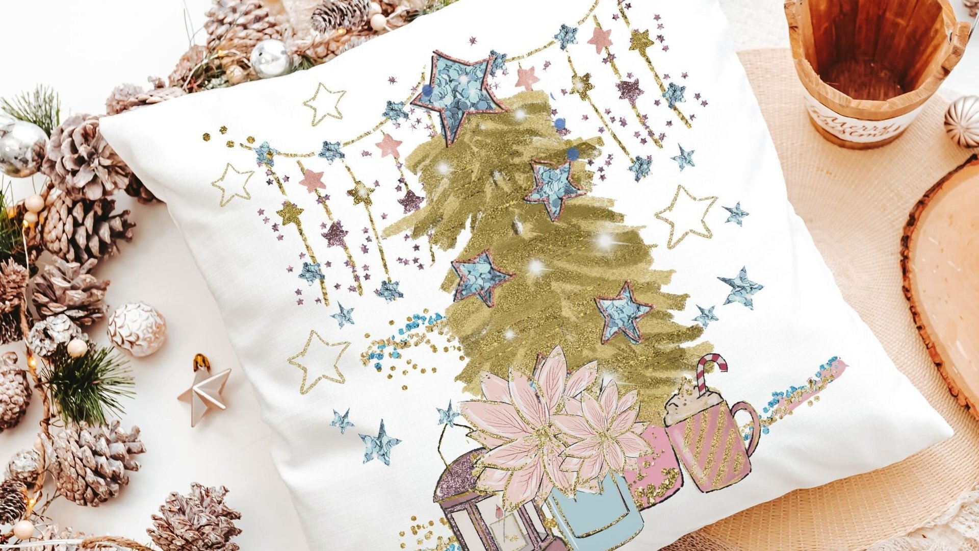 gold Christmas tree Christmas throw pillows for couch, mauve Christmas decor for home, trendy Christmas hostess gifts for women, secret