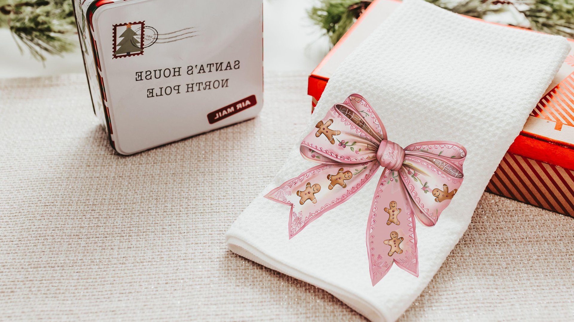 pink gingerbread throw pillow for couch, coquette Christmas kitchen towels for friends, grand millennial Christmas decor for home, cute