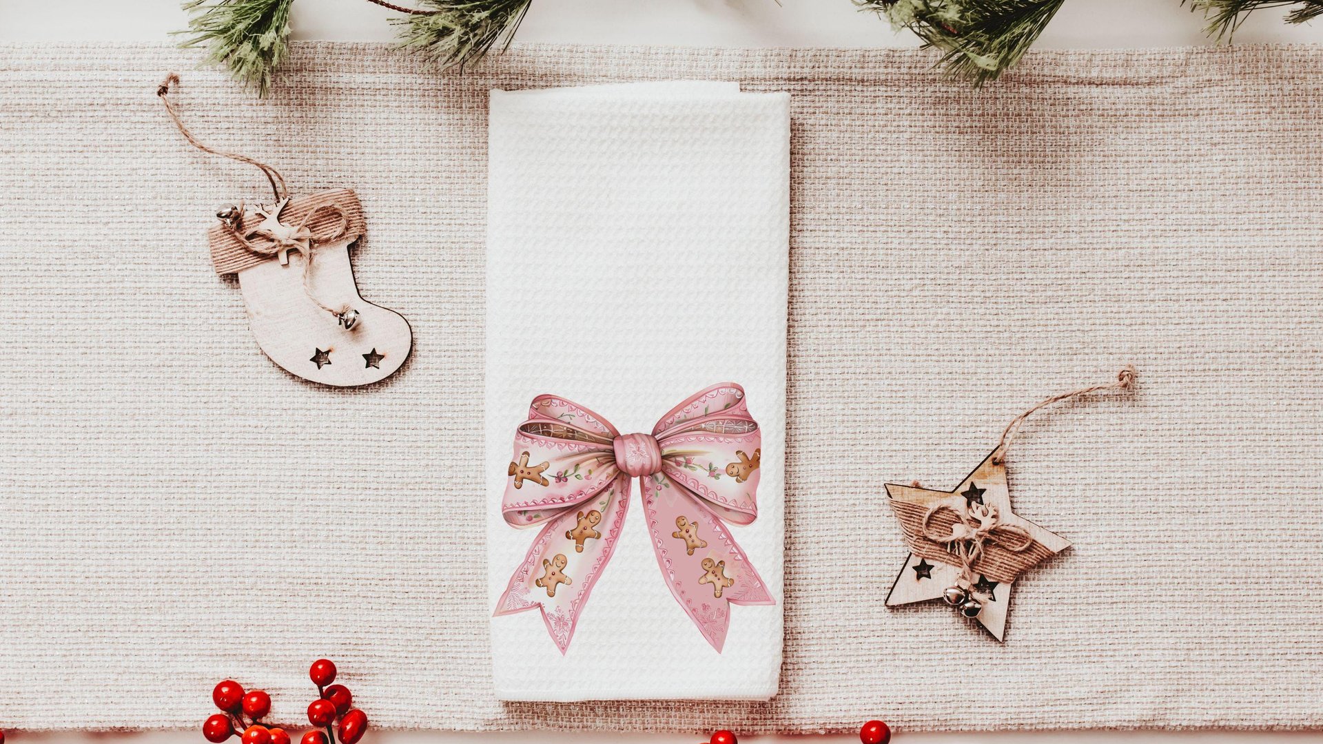 pink gingerbread throw pillow for couch, coquette Christmas kitchen towels for friends, grand millennial Christmas decor for home, cute