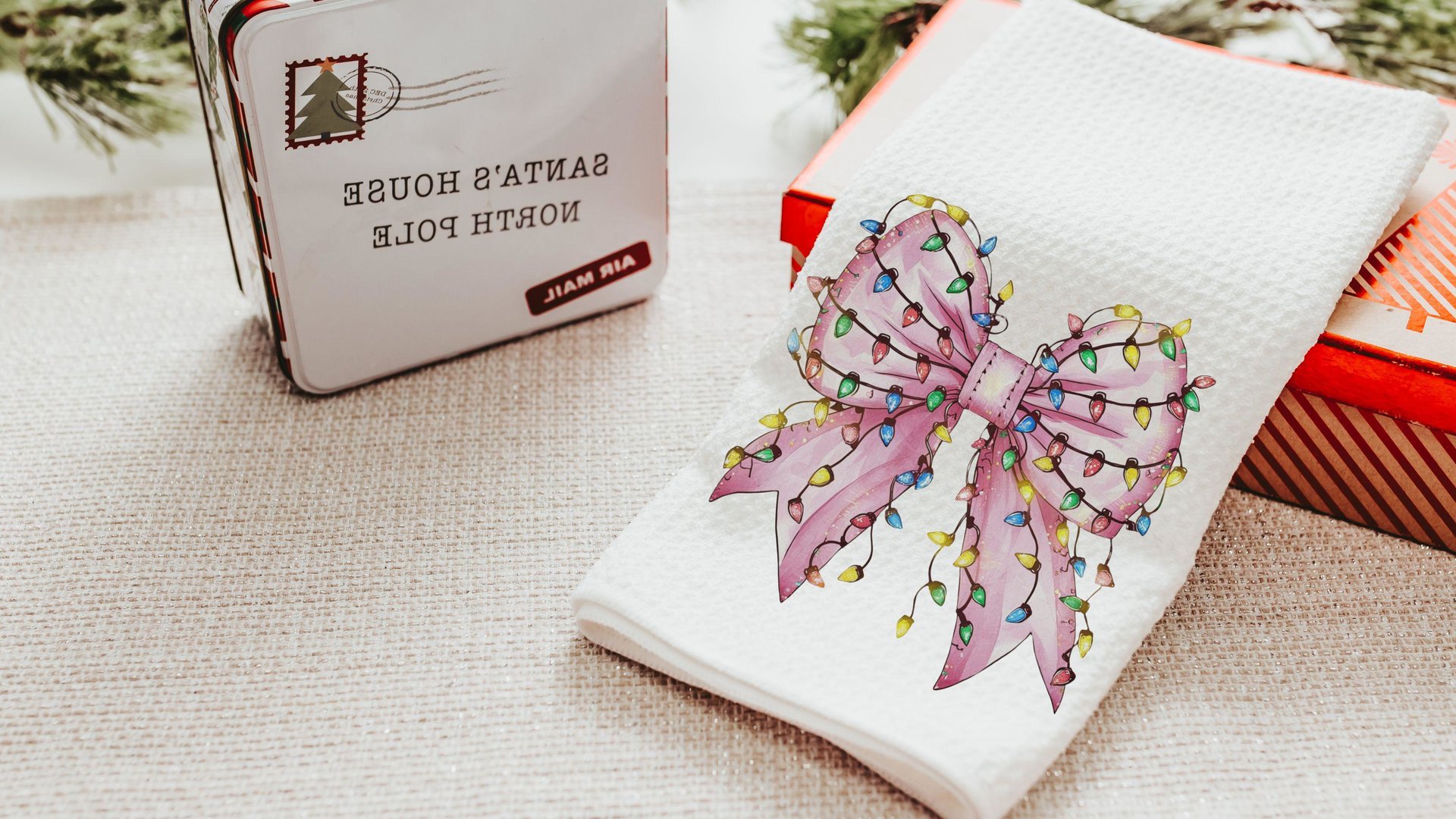 bow Christmas lights cute Christmas throw pillows for couch, coquette Christmas kitchen towels for friends, pink Christmas decor for home