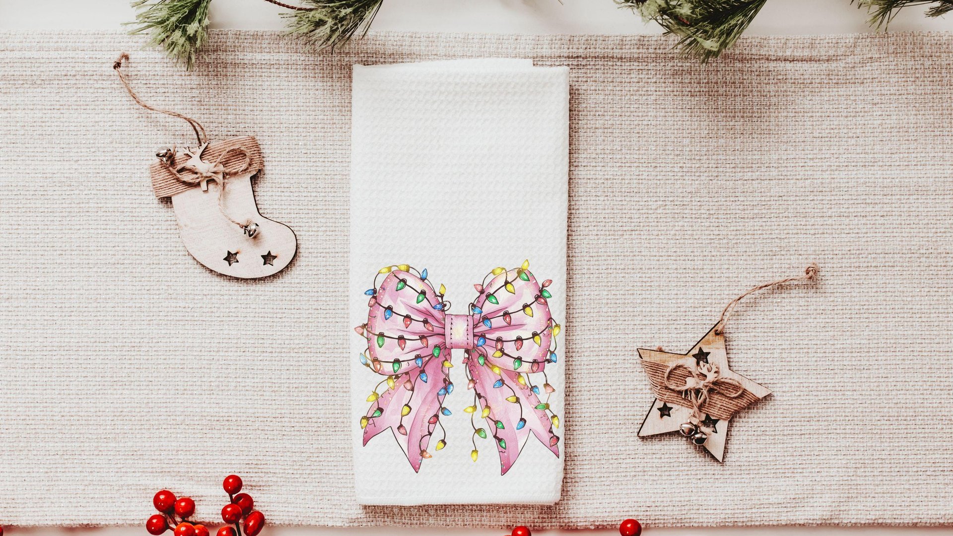 bow Christmas lights cute Christmas throw pillows for couch, coquette Christmas kitchen towels for friends, pink Christmas decor for home