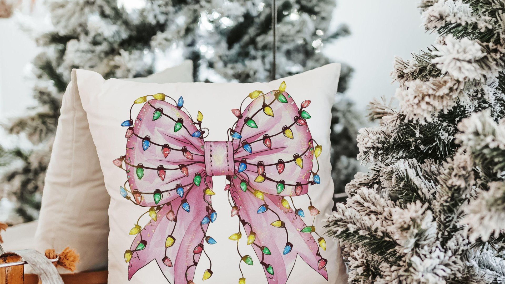 bow Christmas lights cute Christmas throw pillows for couch, coquette Christmas kitchen towels for friends, pink Christmas decor for home