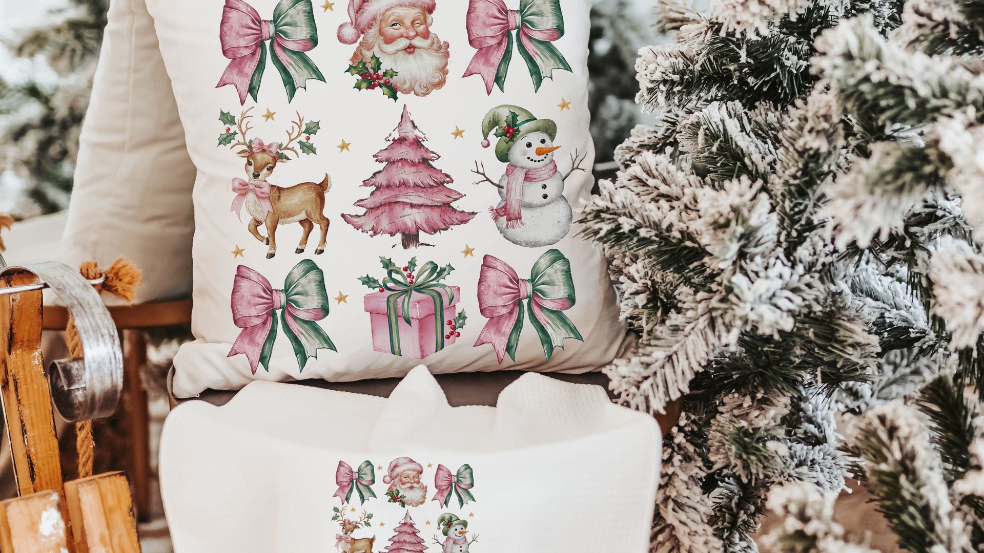 coquette Christmas throw pillows for couch, preppy Christmas kitchen towels for new home, pink reindeer decor, secret Santa gifts for women