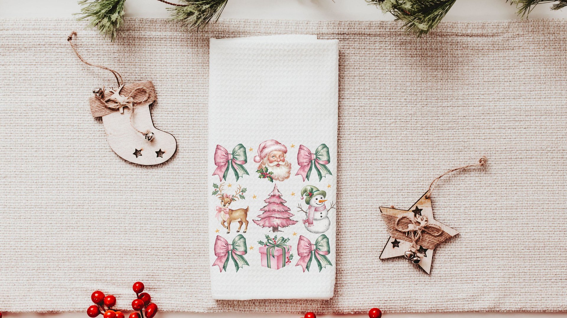 coquette Christmas throw pillows for couch, preppy Christmas kitchen towels for new home, pink reindeer decor, secret Santa gifts for women