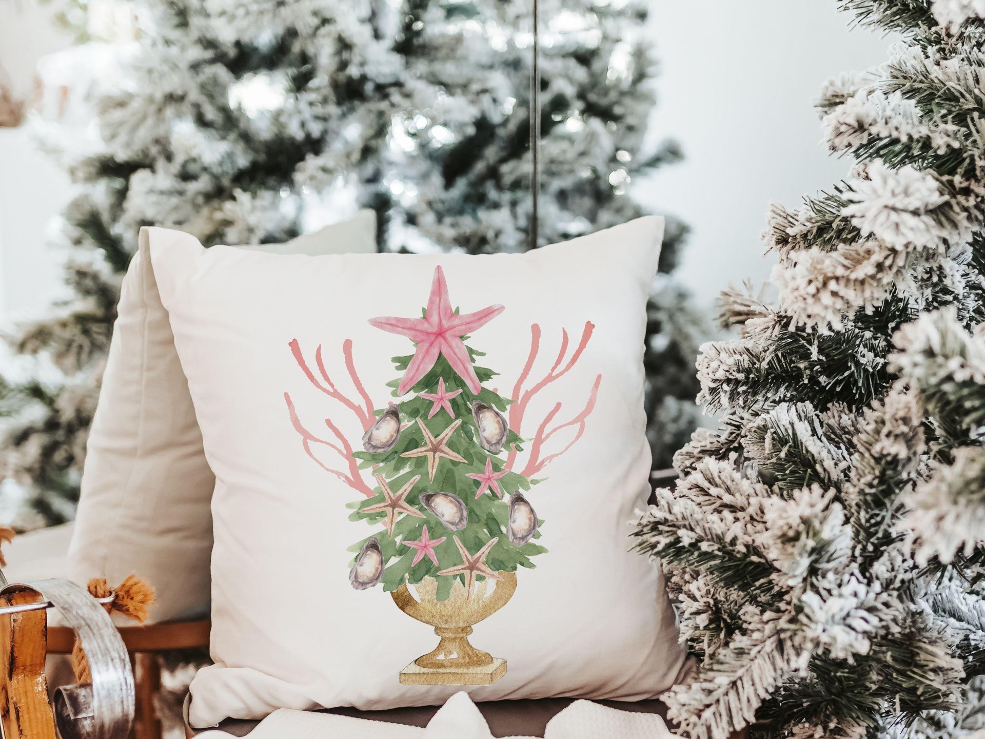 coastal Christmas tree throw pillows for couch pink nautical Christmas kitchen towels for winter, holiday hosting decor home decor gift