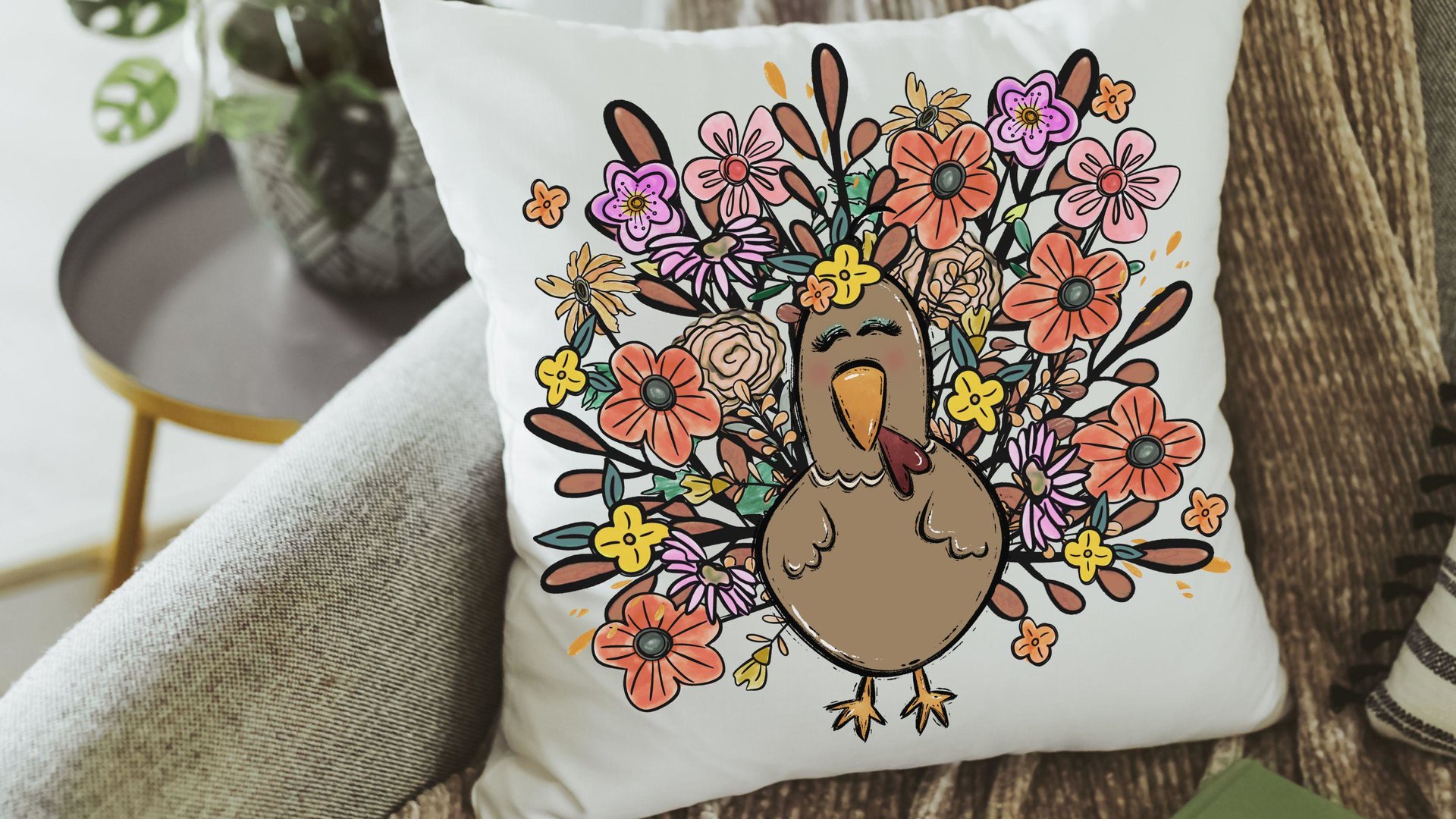 cute turkey throw pillows for fall floral accent pillows for living room, whimsical Thanksgiving decor home decor for family room, girly