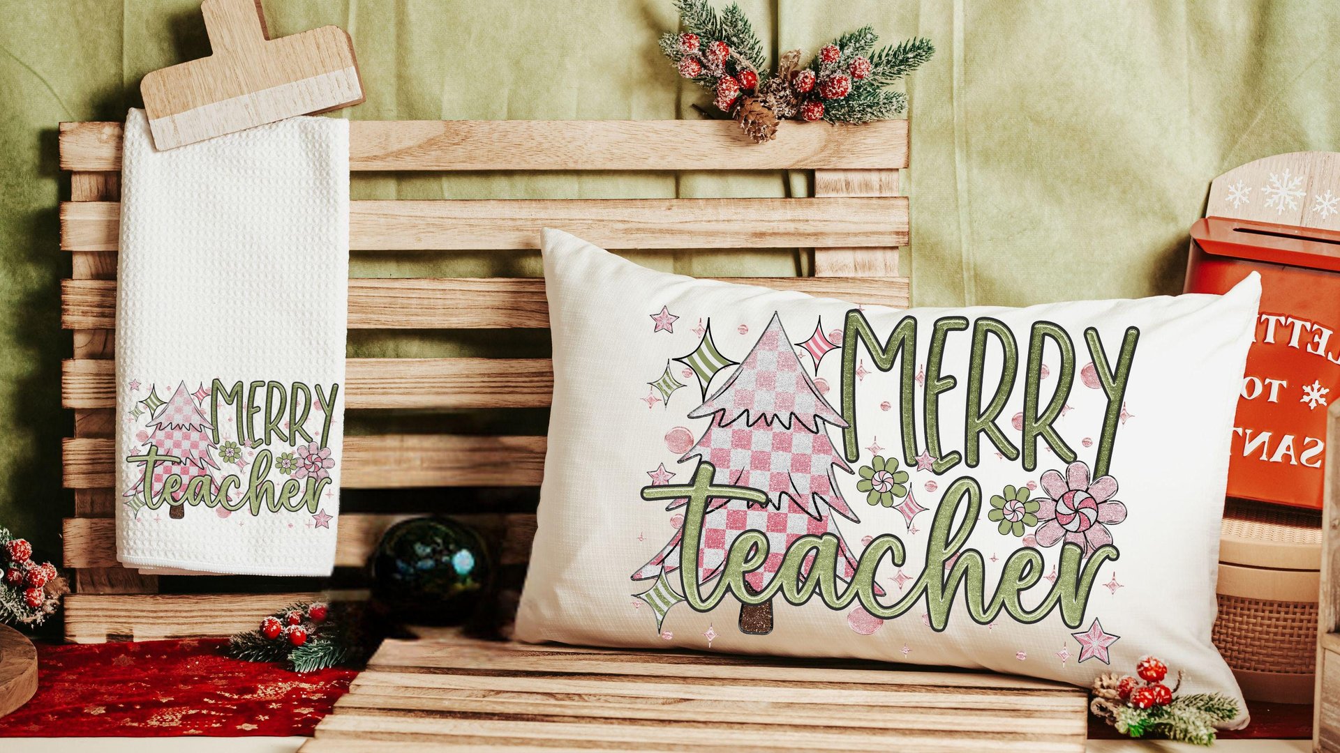merry teacher mauve Christmas lumbar pillows for chair, moss green Christmas decor for indoors, cute Christmas gifts for teachers, stocking