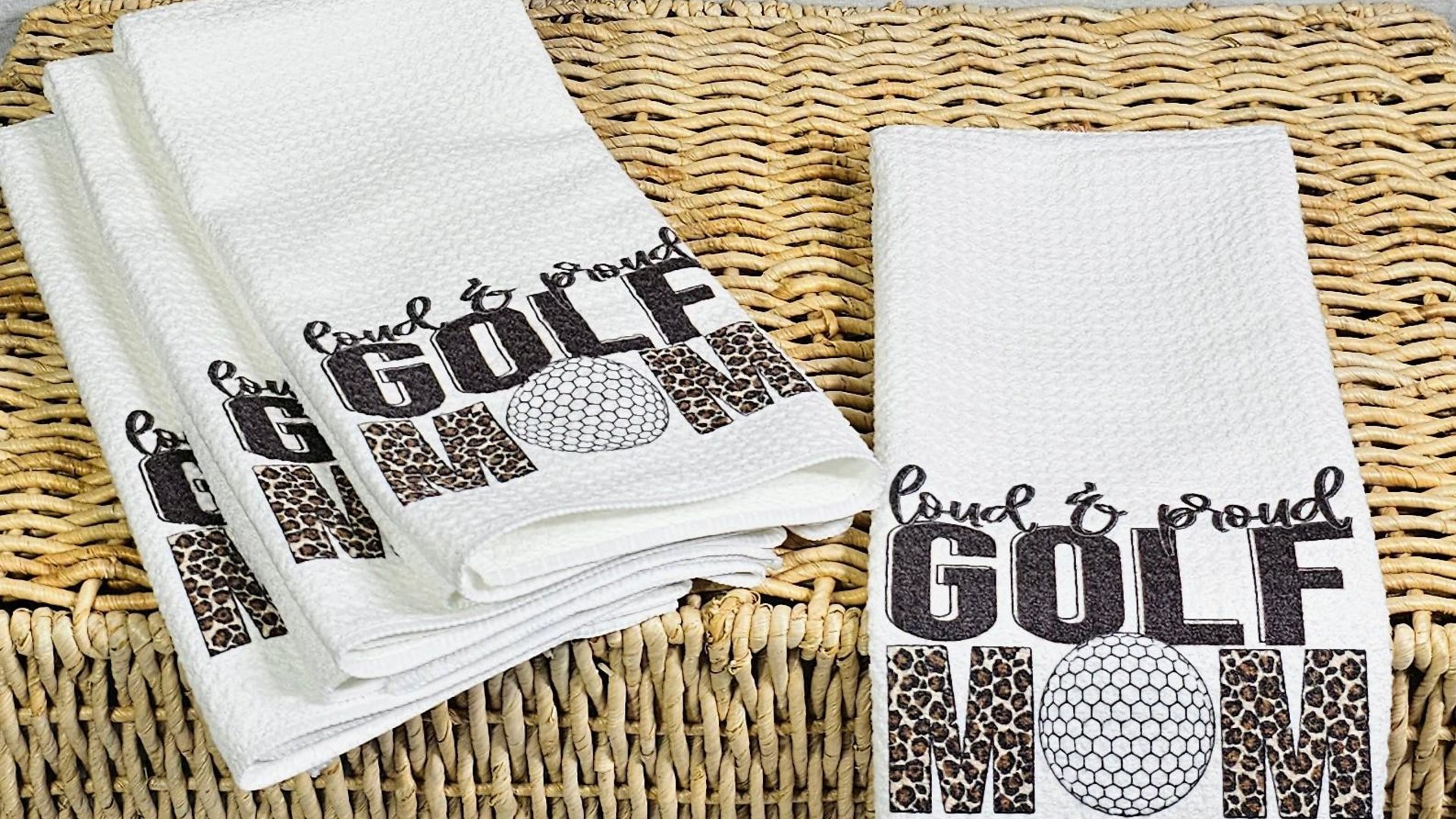 loud and proud golf kitchen towels, golf mom gift, leopard print golf towels for women, step mom Mothers day gift from son, golf hand towel