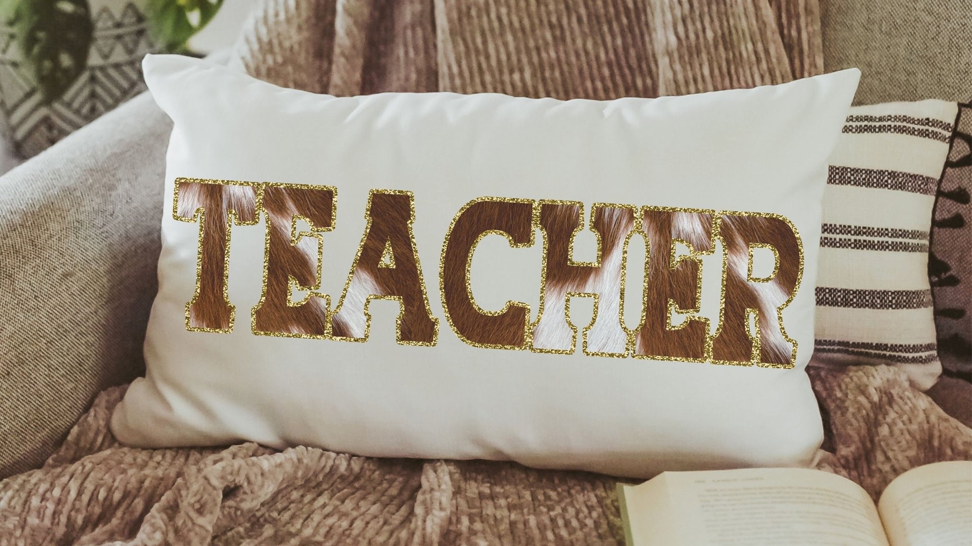 teacher cow print lumbar throw pillow for chair, cowboy classroom decor, western cowhide throw pillow, back to school gifts for teachers