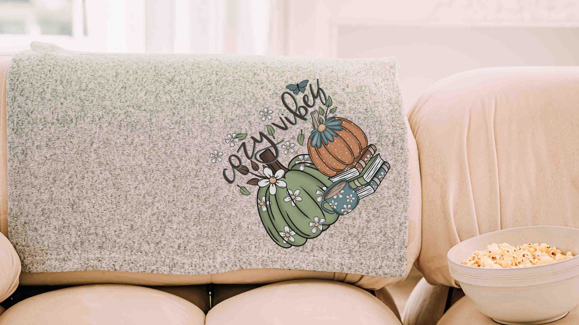 cozy vibes snuggle blanket, cute pumpkin throw blanket for bed, book lover gift for women, cozy gifts for her, fall decor for home, sage
