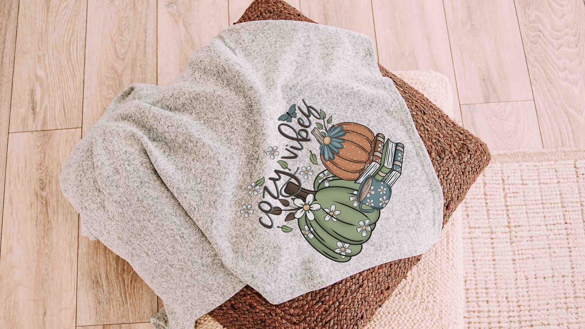 cozy vibes snuggle blanket, cute pumpkin throw blanket for bed, book lover gift for women, cozy gifts for her, fall decor for home, sage