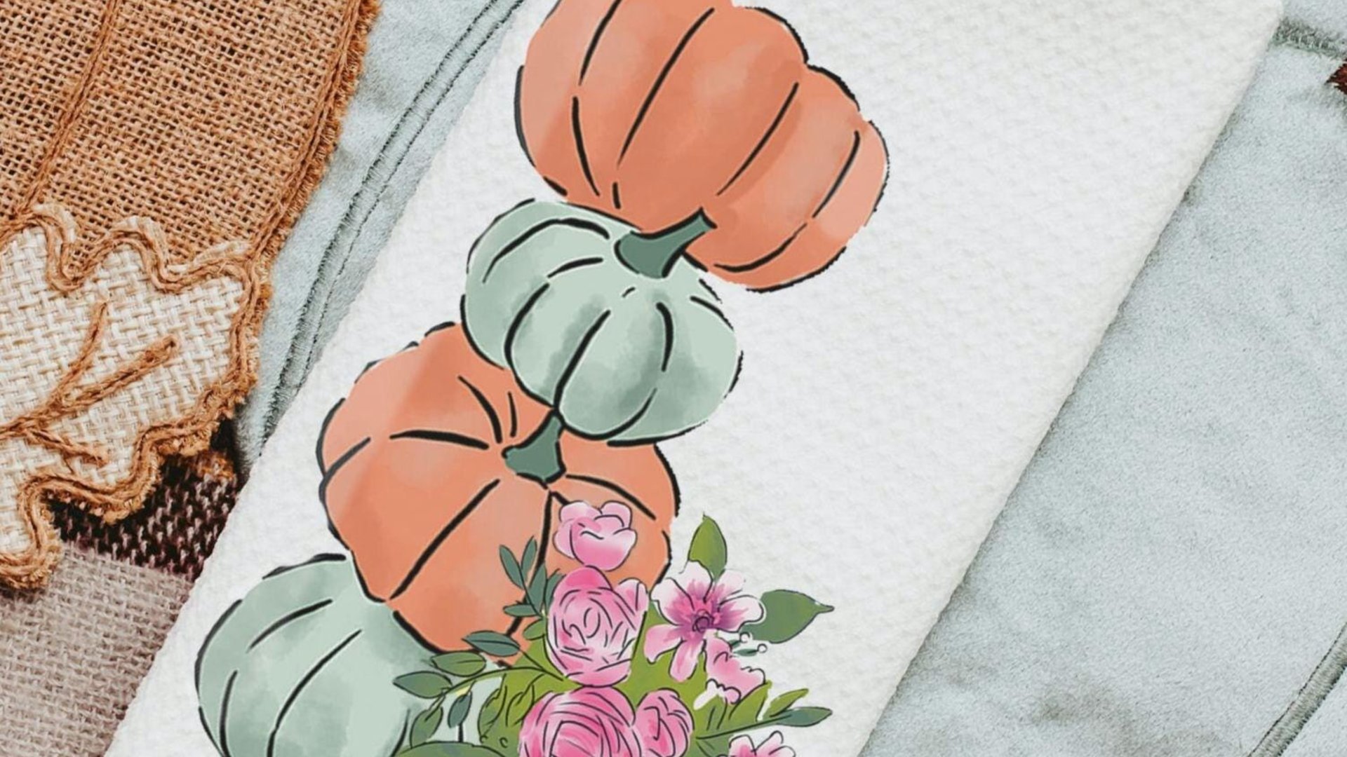 sage green pumpkin kitchen towels for friends, autumn kitchen decor for fall floral hand towels for bathroom, Thanksgiving hostess gifts for