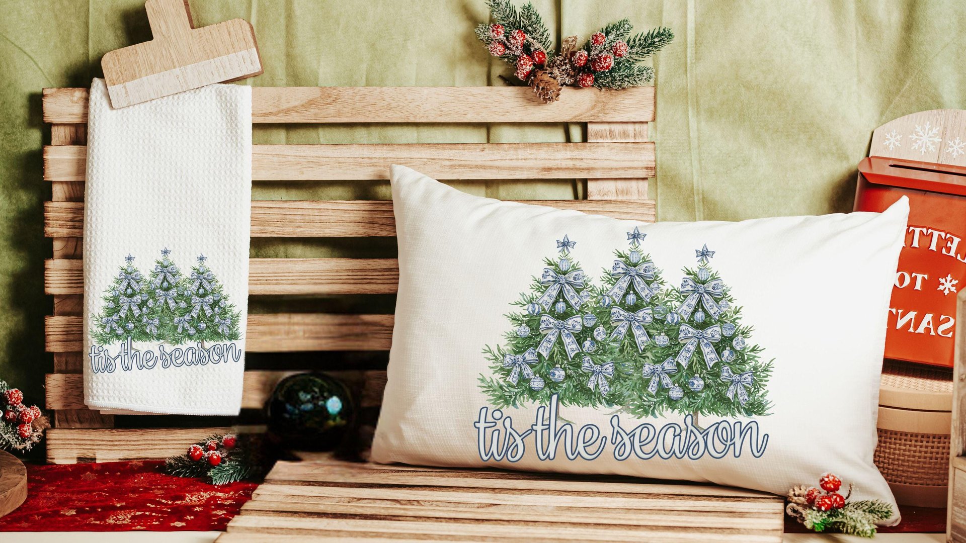tis the season Christmas lumbar pillows for chair, blue chinoiserie Christmas pillow covers 12x20, trendy Christmas hostess gifts for women