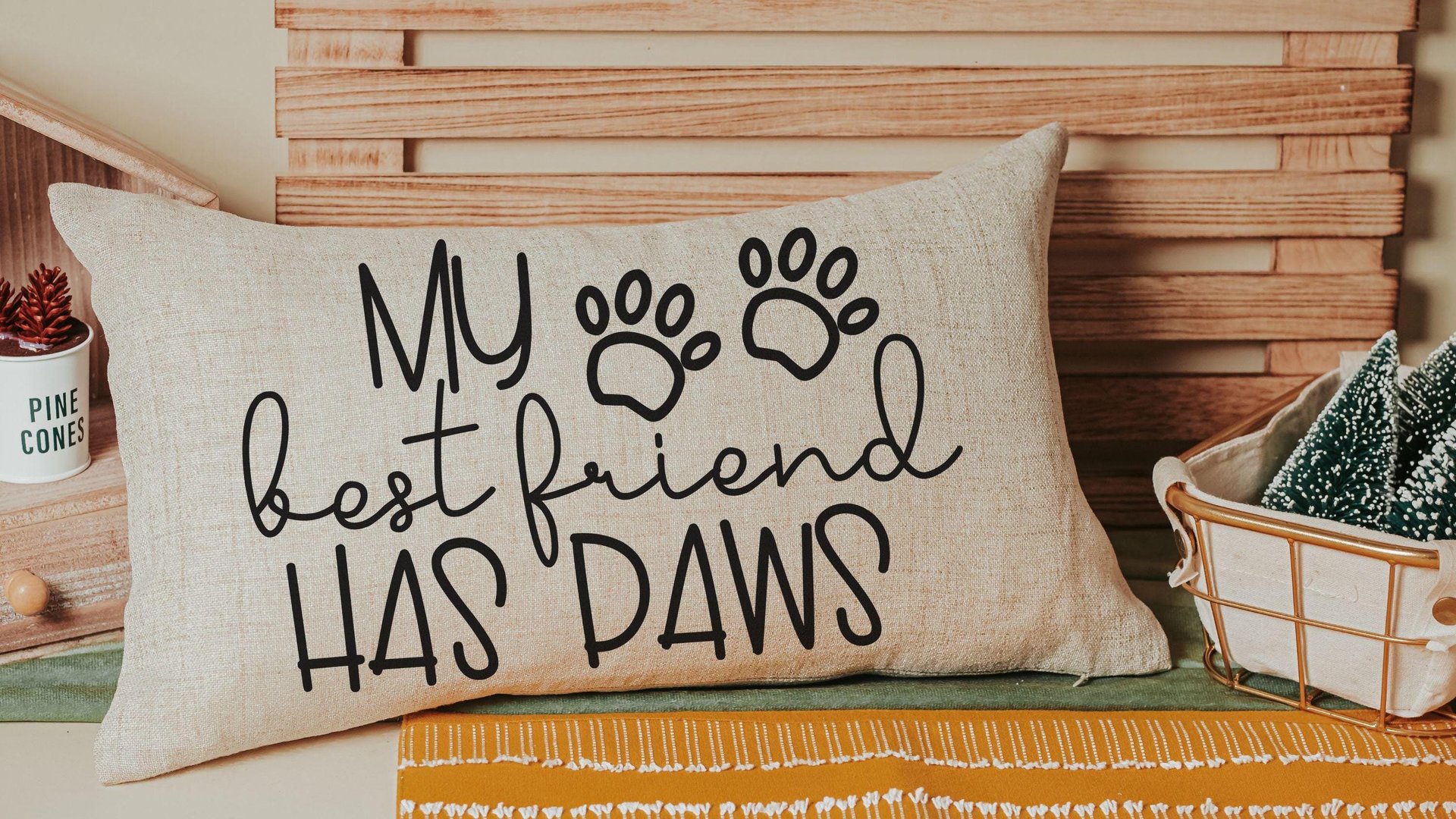 my best friend has paws dog throw pillow for sofa, dog lover gift for women, dog decor for home, dog mom gift, funny lumbar pillow for couch