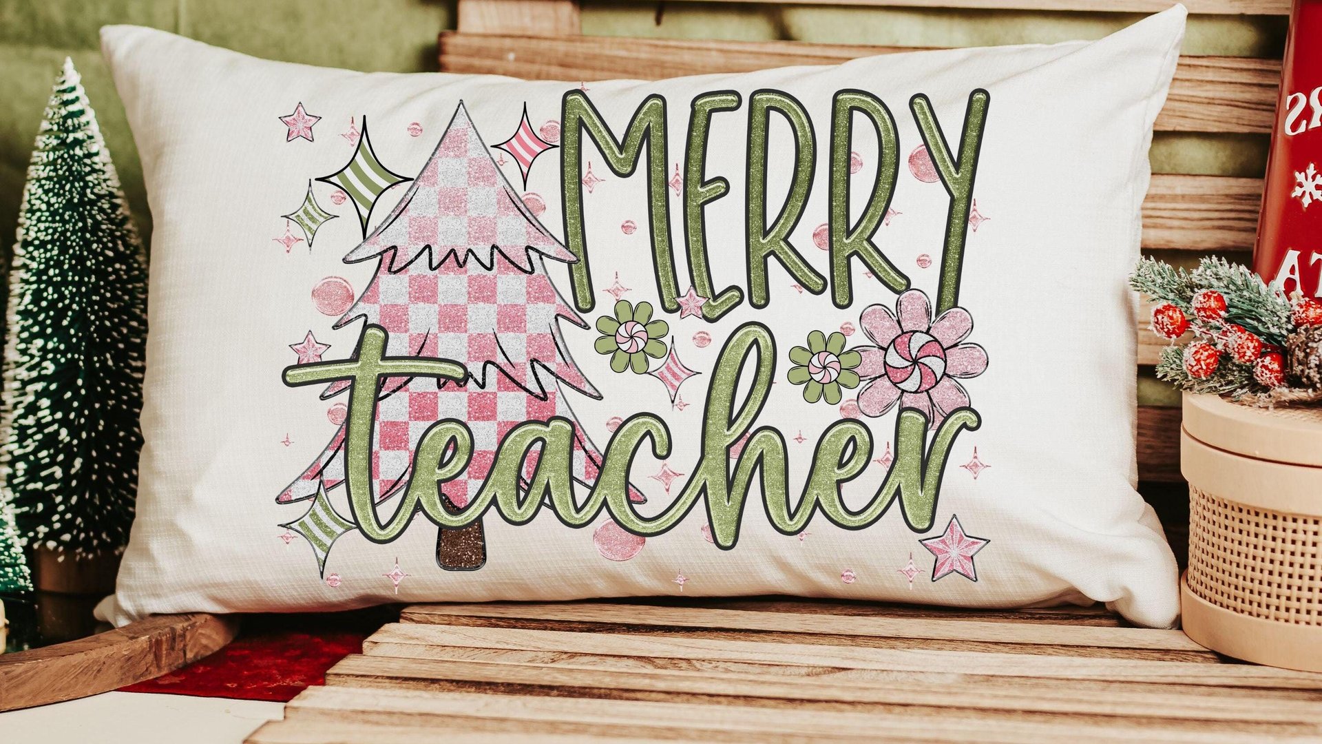 merry teacher mauve Christmas lumbar pillows for chair, moss green Christmas decor for indoors, cute Christmas gifts for teachers, stocking
