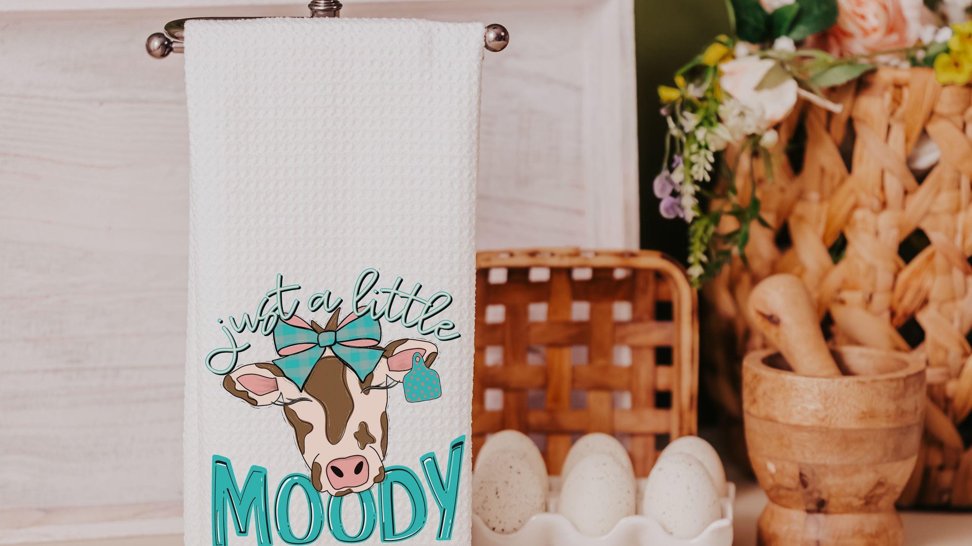just a little moody cute cow kitchen towels with name, funny cow gifts for cow lovers, personalized turquoise bow hand towels for bathroom