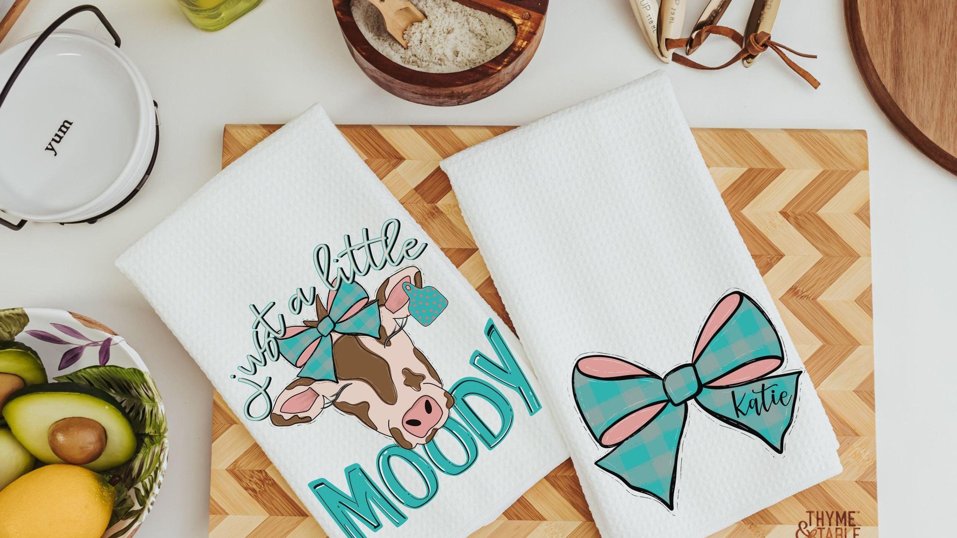 just a little moody cute cow kitchen towels with name, funny cow gifts for cow lovers, personalized turquoise bow hand towels for bathroom