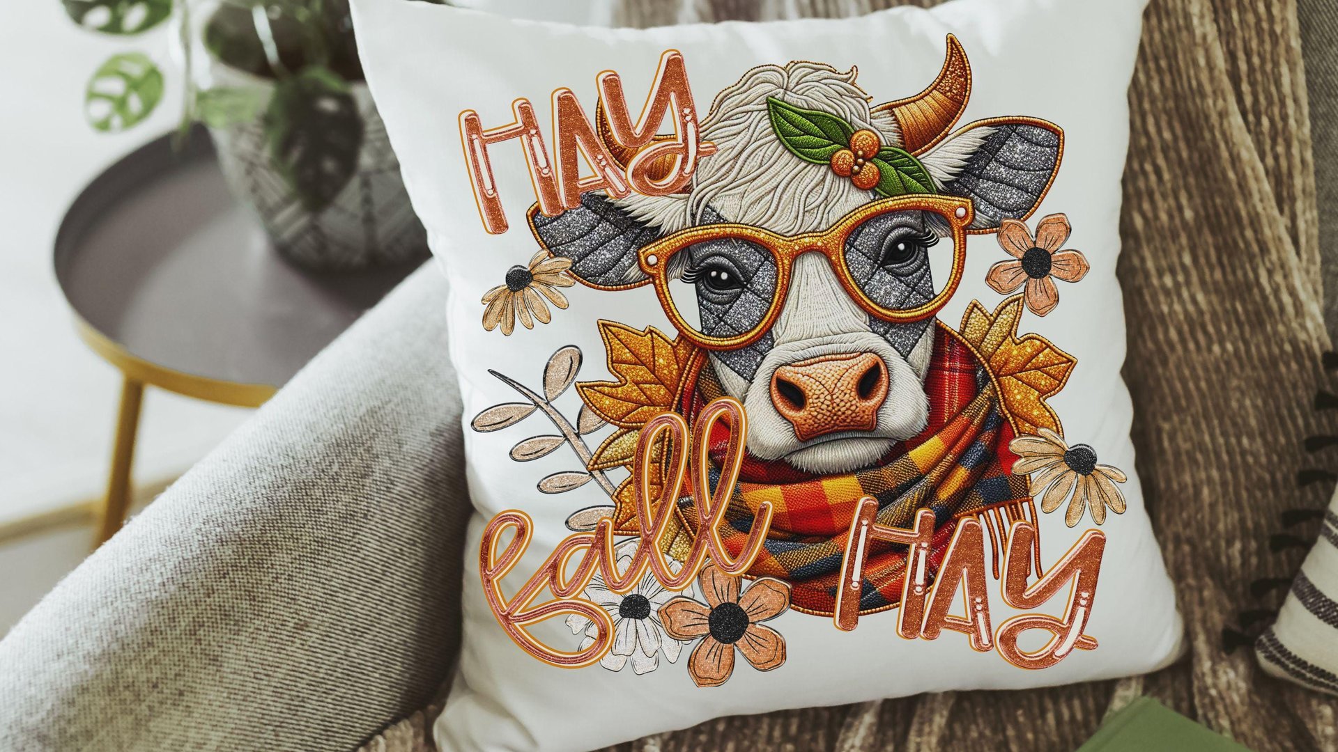 hay fall highland cow throw pillows for couch, cute cow gifts for cow lovers, funny Christmas gifts for coworkers, fall kitchen towels