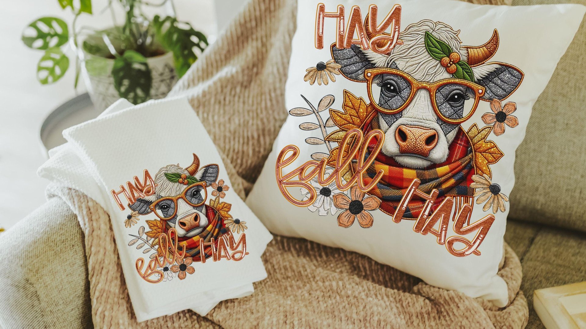 hay fall highland cow throw pillows for couch, cute cow gifts for cow lovers, funny Christmas gifts for coworkers, fall kitchen towels