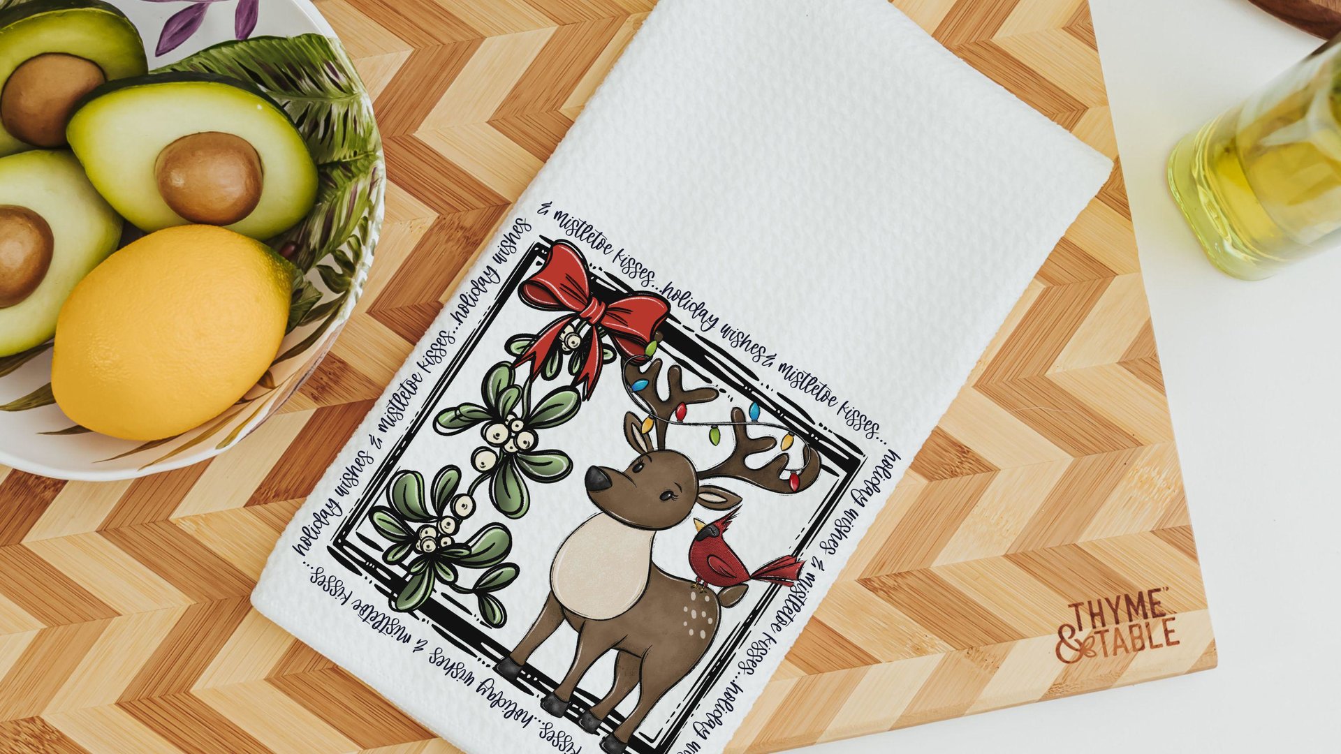 holiday wishes cute reindeer throw pillow for couch, mistletoe kisses Christmas kitchen towels, woodland Christmas hostess gifts for women